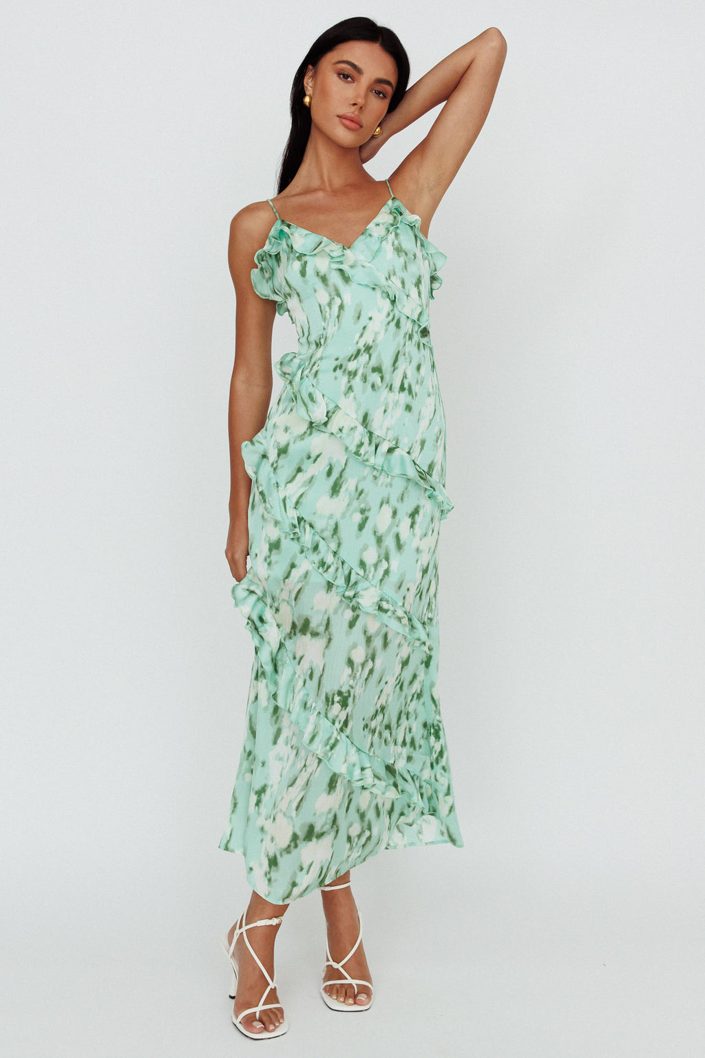 Silvana Frill Trim Midi Dress Print Green by Selfie Leslie