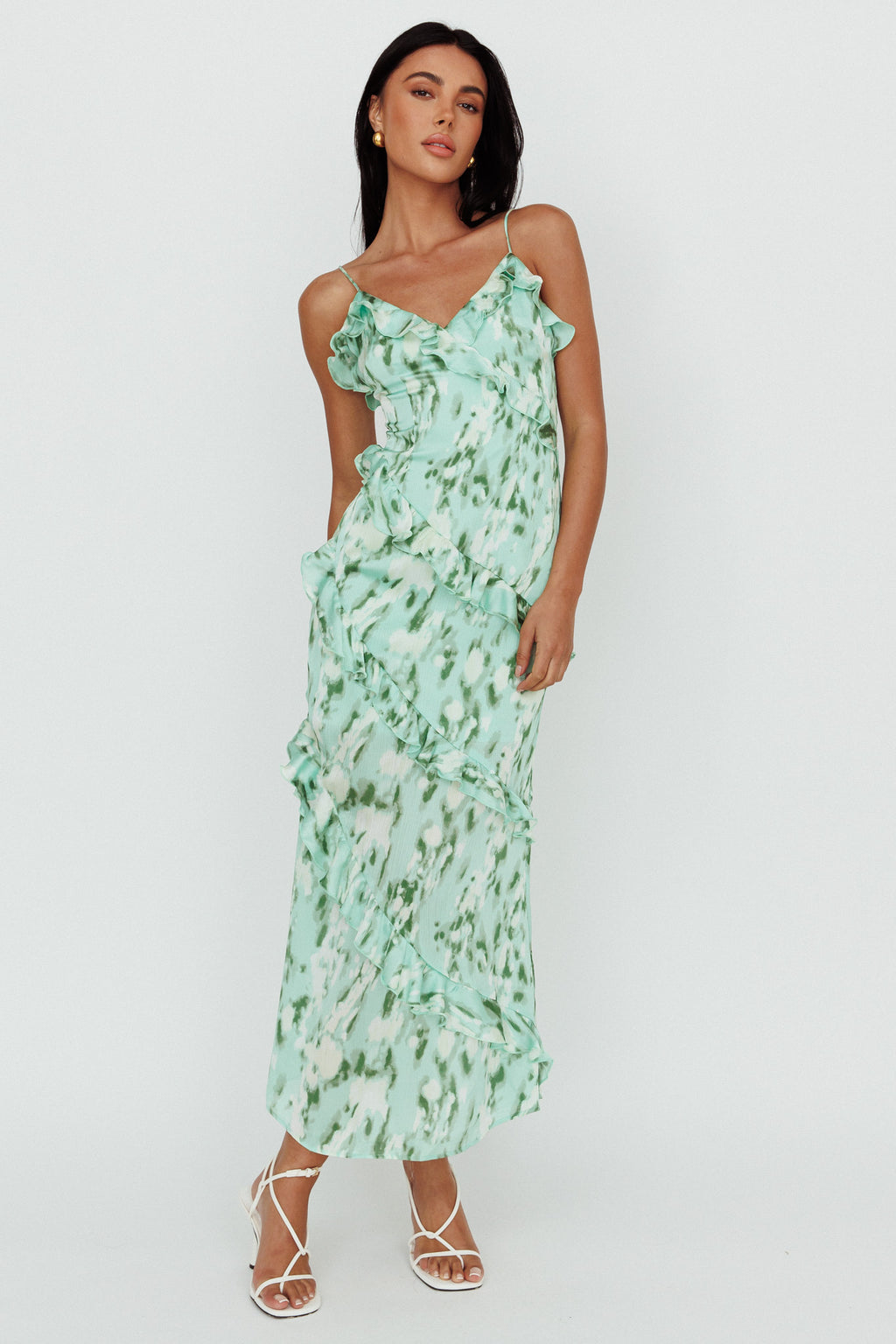 Silvana Frill Trim Midi Dress Print Green by Selfie Leslie