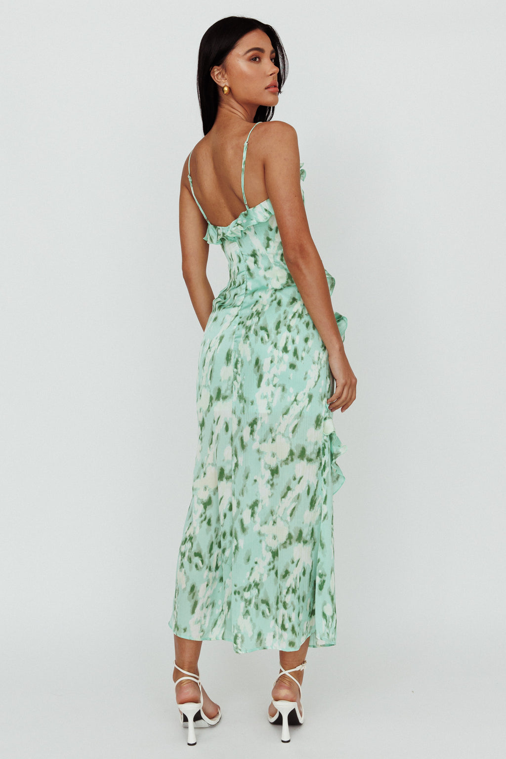 Silvana Frill Trim Midi Dress Print Green by Selfie Leslie