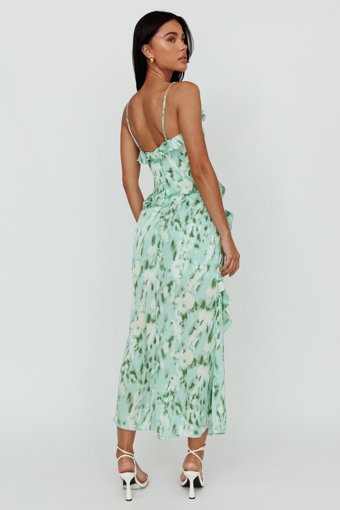 Silvana Frill Trim Midi Dress Print Green by Selfie Leslie