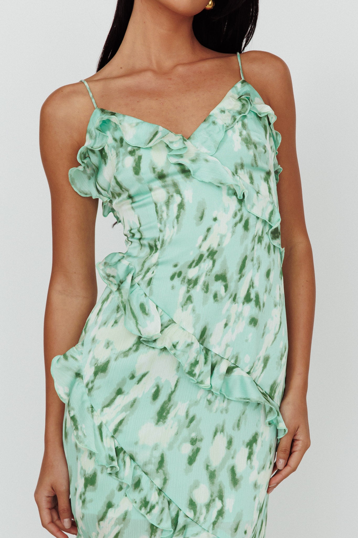 Silvana Frill Trim Midi Dress Print Green by Selfie Leslie