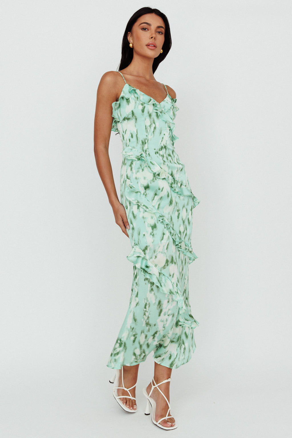 Silvana Frill Trim Midi Dress Print Green by Selfie Leslie
