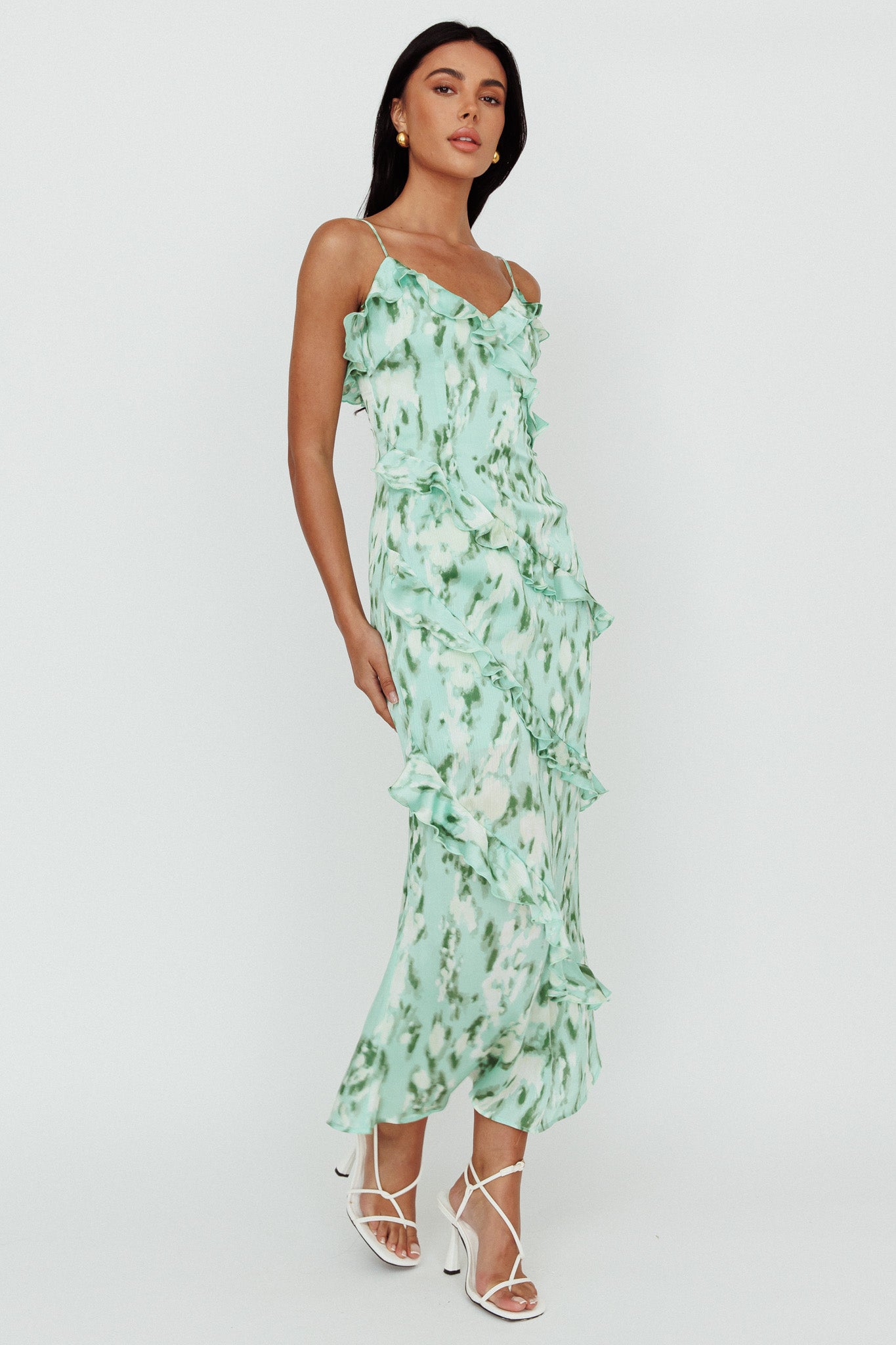 Silvana Frill Trim Midi Dress Print Green by Selfie Leslie