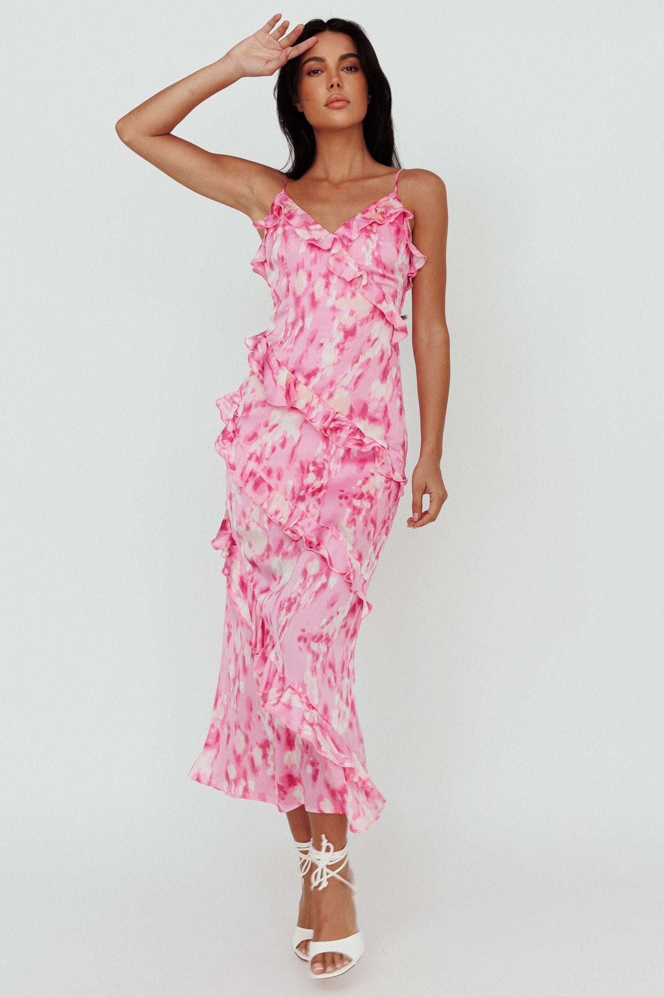 Silvana Frill Trim Midi Dress Print Pink by Selfie Leslie