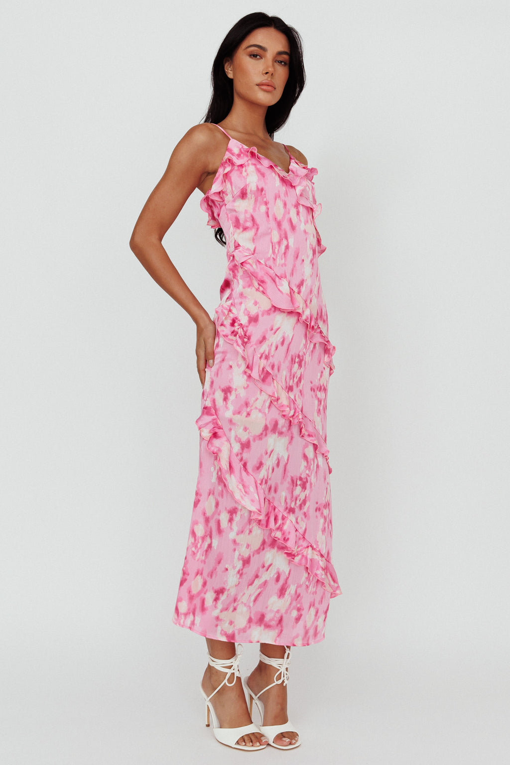 Silvana Frill Trim Midi Dress Print Pink by Selfie Leslie