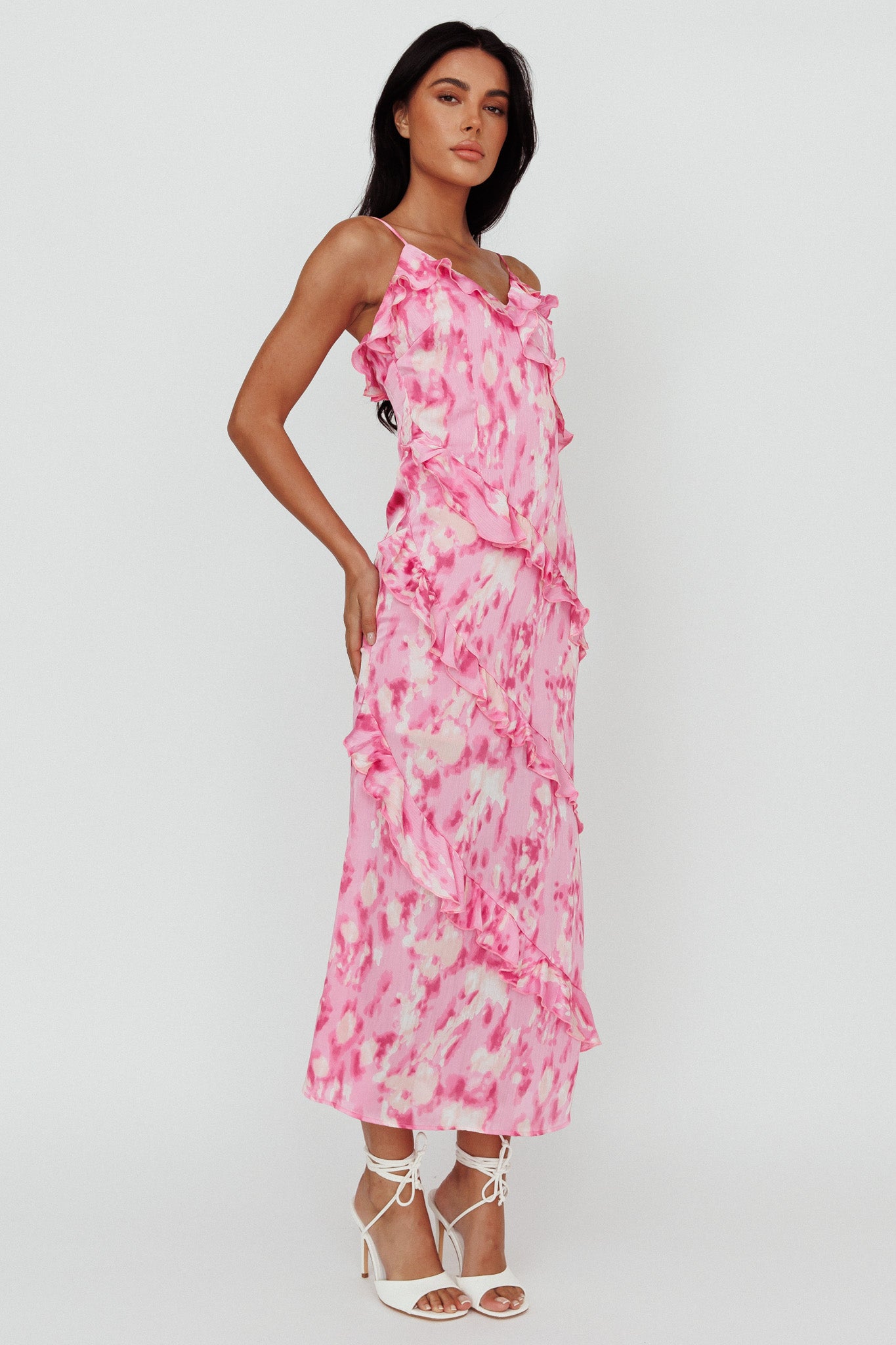 Silvana Frill Trim Midi Dress Print Pink by Selfie Leslie