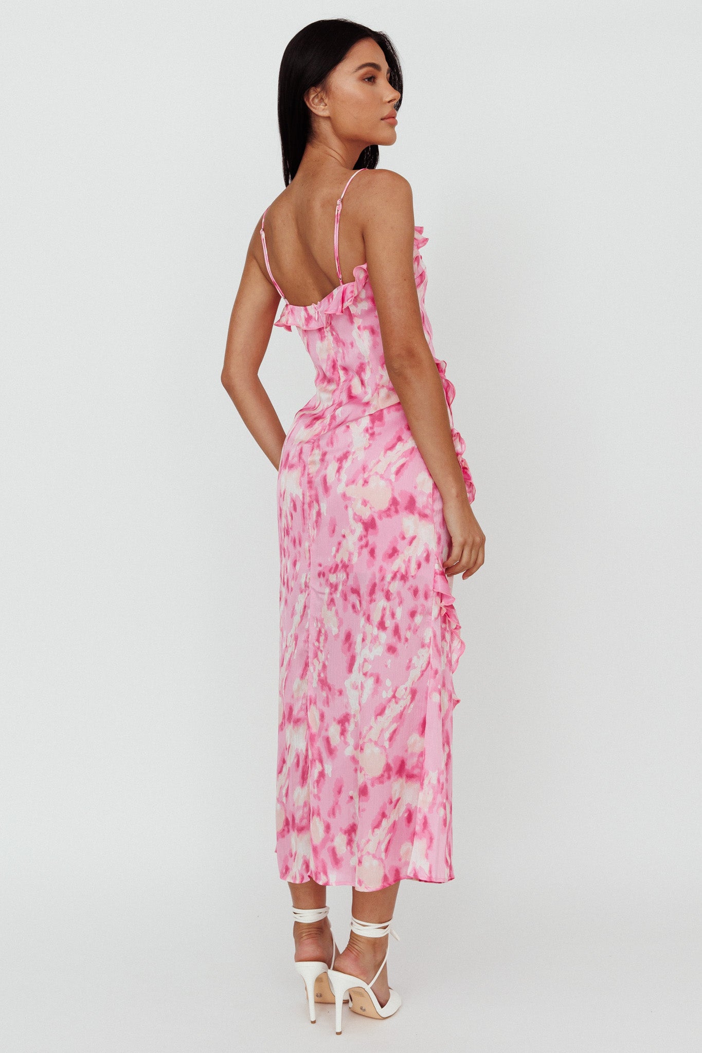 Silvana Frill Trim Midi Dress Print Pink by Selfie Leslie