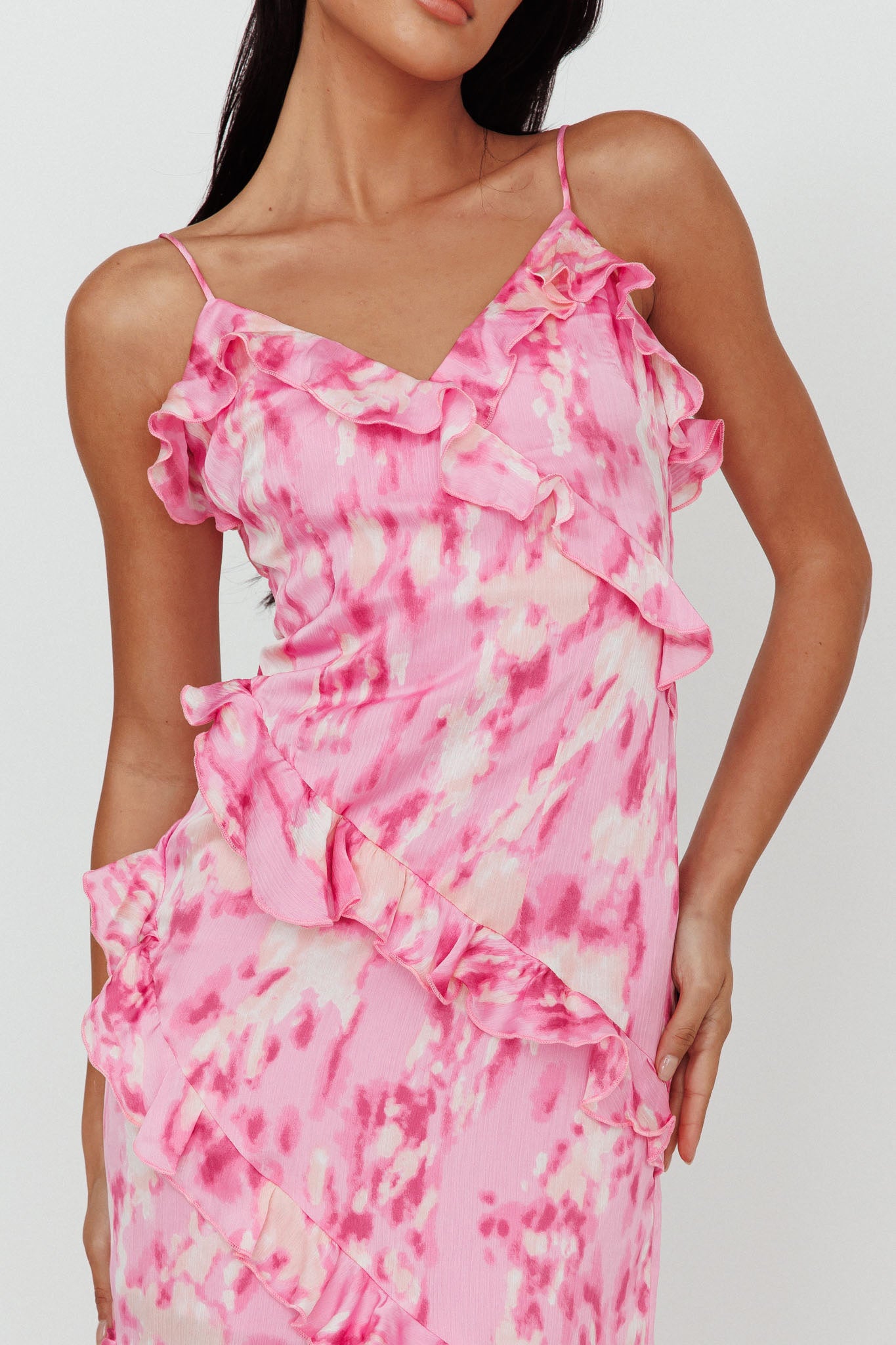 Silvana Frill Trim Midi Dress Print Pink by Selfie Leslie