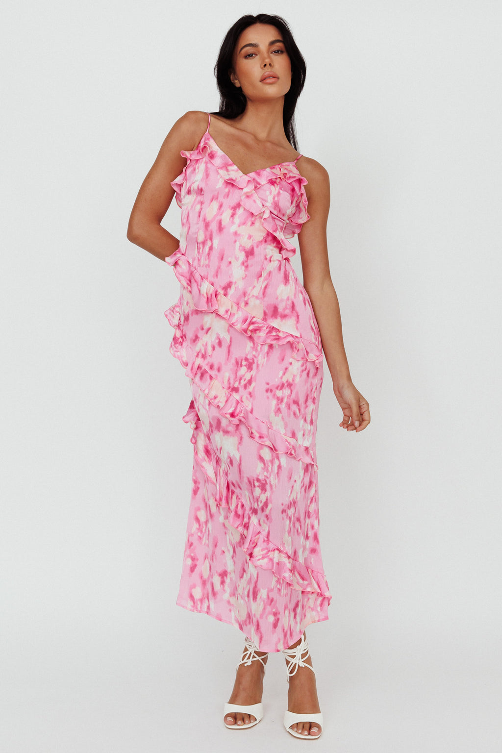 Silvana Frill Trim Midi Dress Print Pink by Selfie Leslie