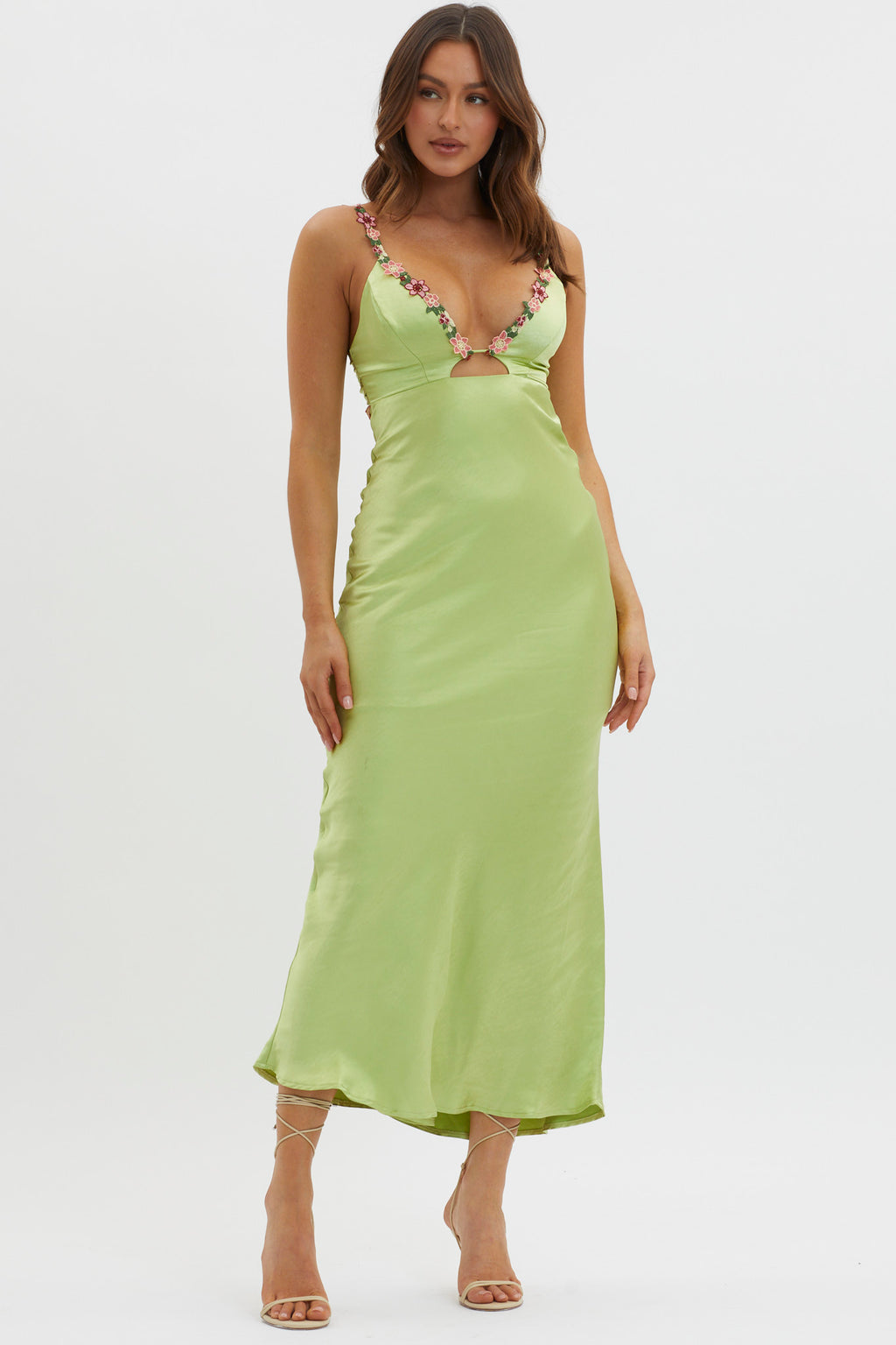 Muse Cut-Out Floral Trim Midi Dress Matcha by Selfie Leslie