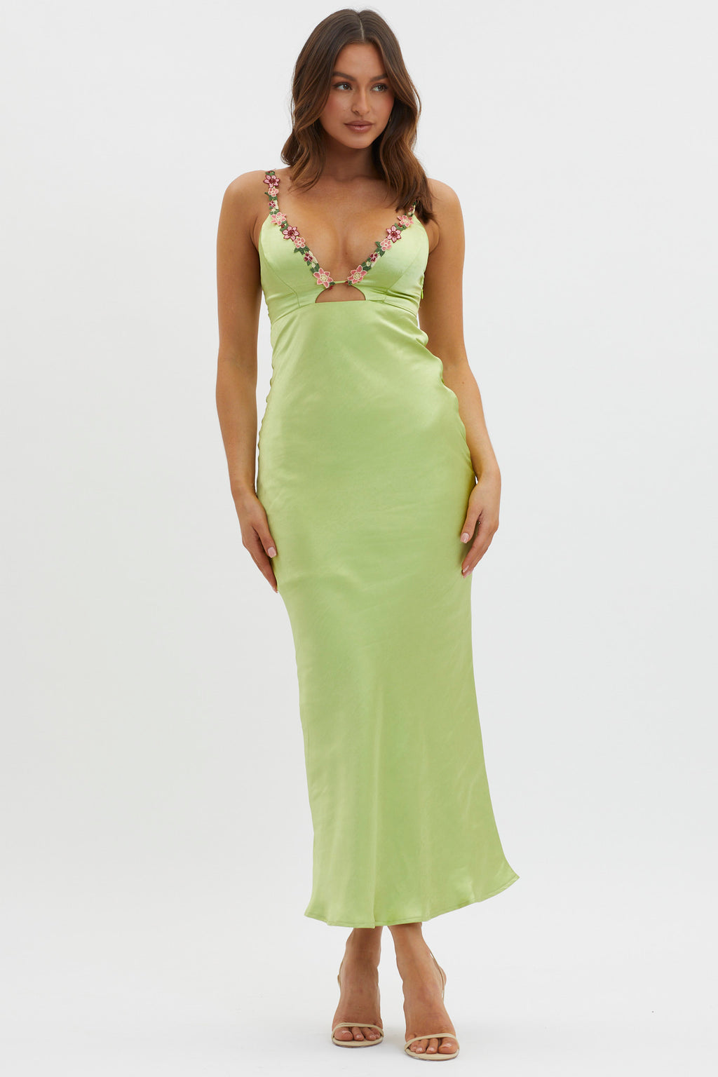 Muse Cut-Out Floral Trim Midi Dress Matcha by Selfie Leslie