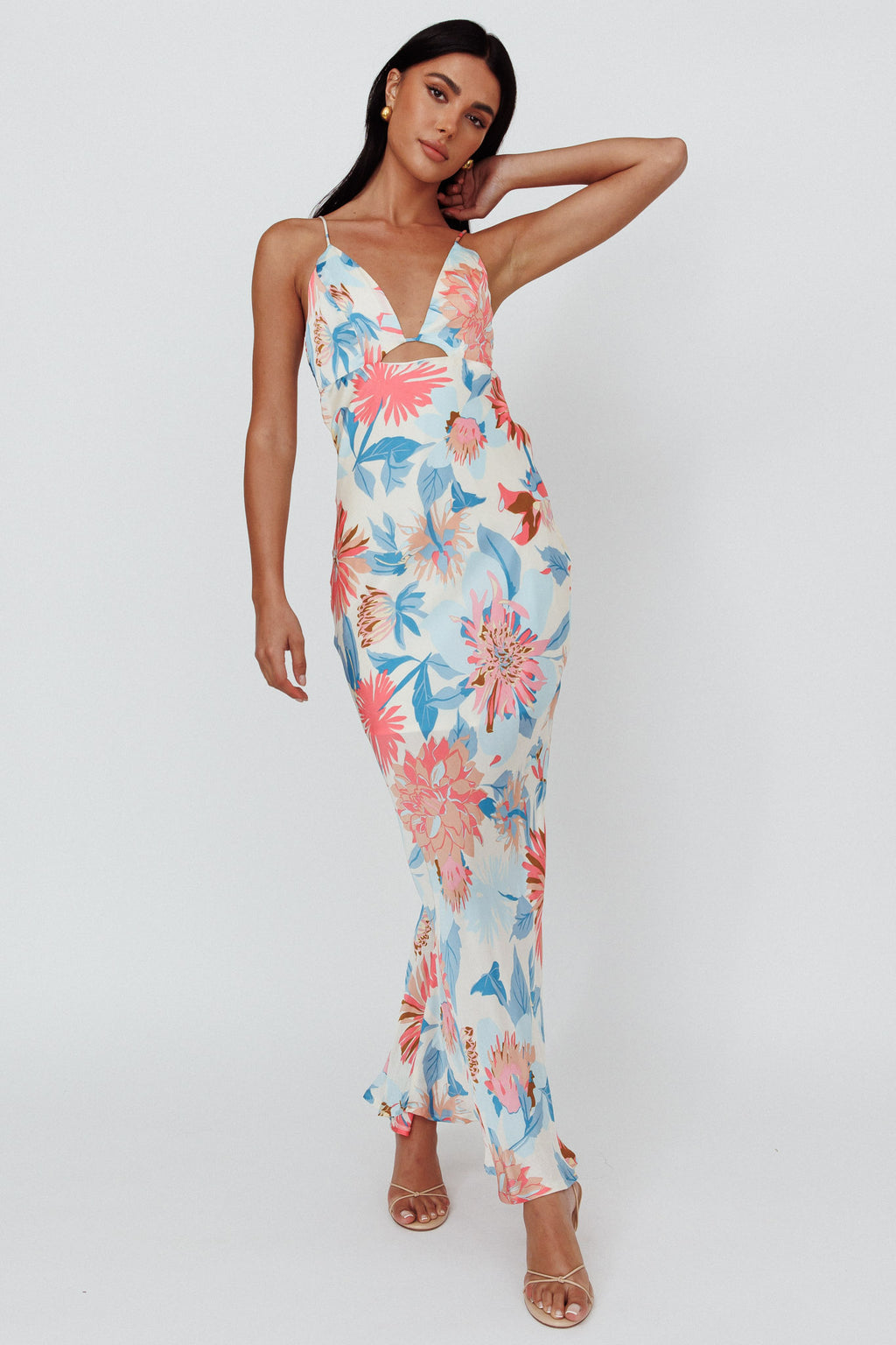 Dance Again Cut-Out Back Maxi Dress Floral Blue by Selfie Leslie