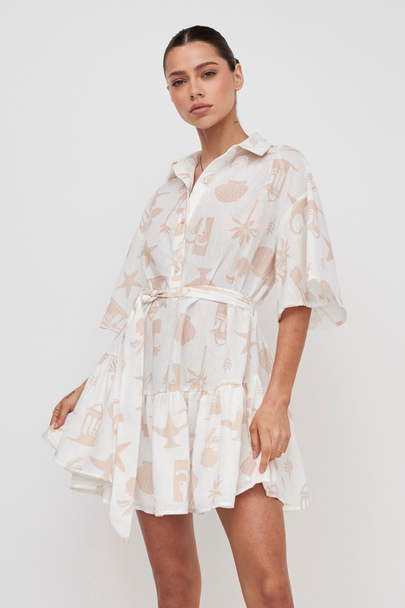 Day Trip Waist Tie Collared Dress Beige by Selfie Leslie