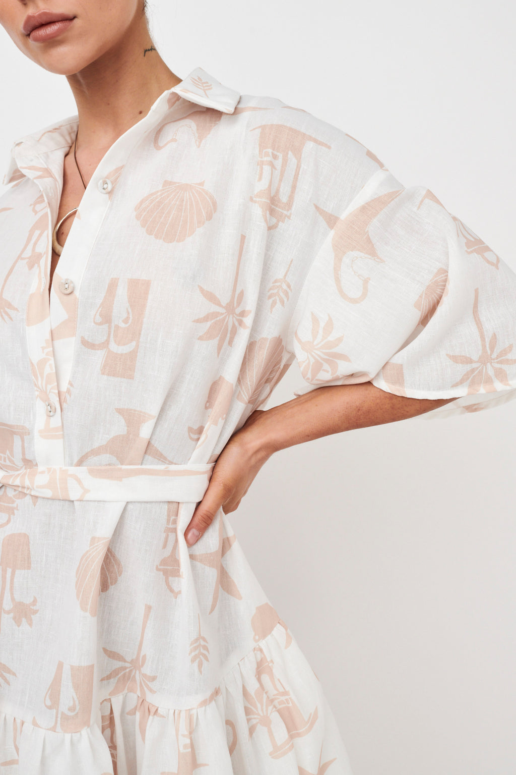 Day Trip Waist Tie Collared Dress Beige by Selfie Leslie