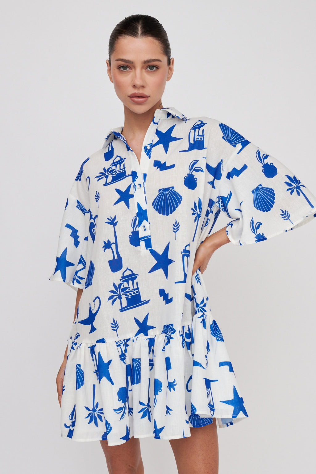 Day Trip Waist Tie Collared Dress Blue by Selfie Leslie