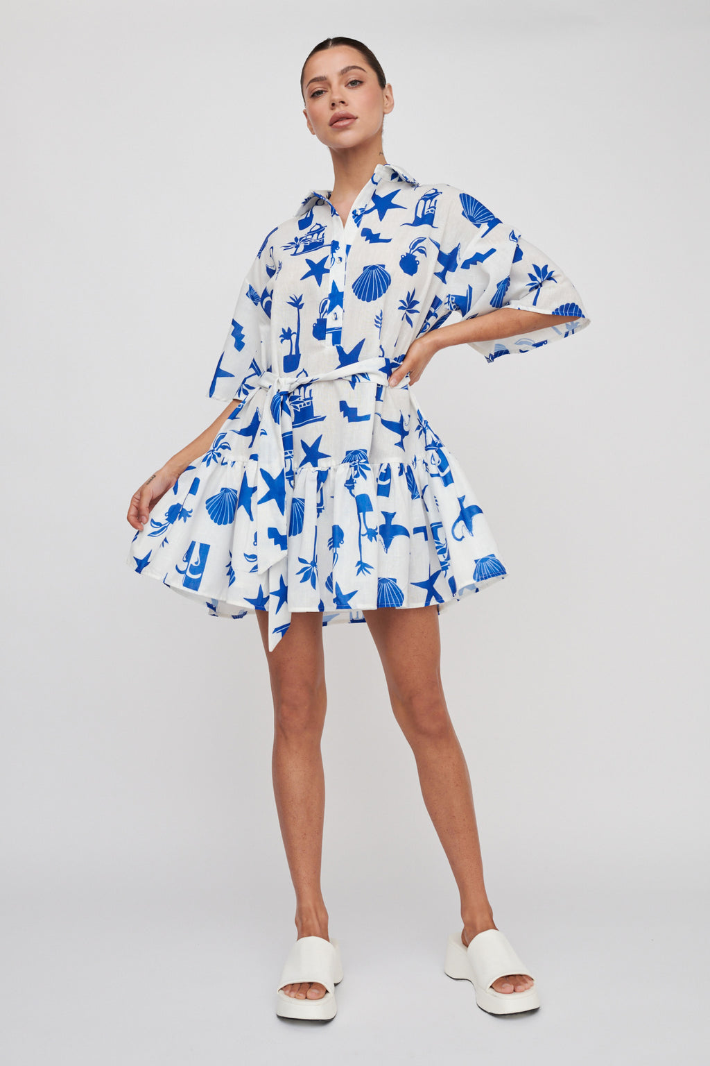Day Trip Waist Tie Collared Dress Blue by Selfie Leslie