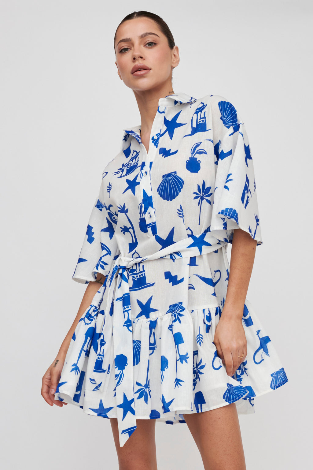 Day Trip Waist Tie Collared Dress Blue by Selfie Leslie