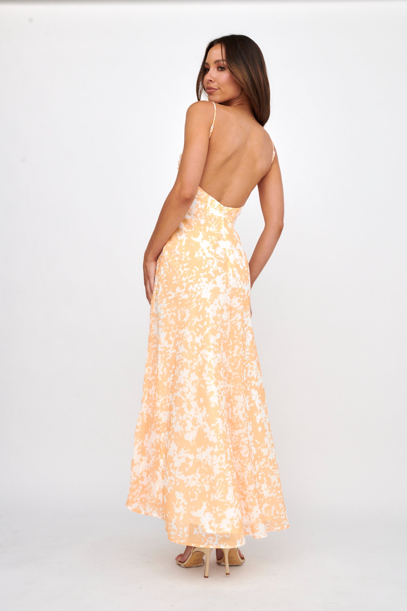 huda orange dress For Love & Lemons satin open back Maxi dress with rosette detail in red