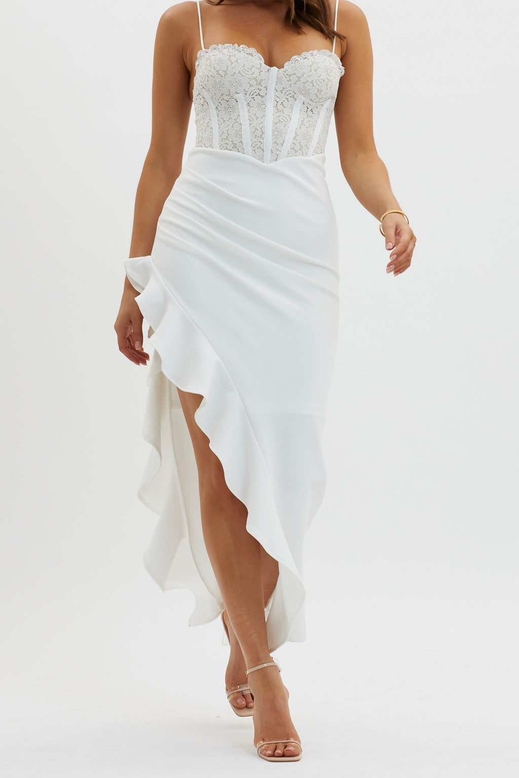 Doe Eyed Lace Bodice Split Dress White by Selfie Leslie