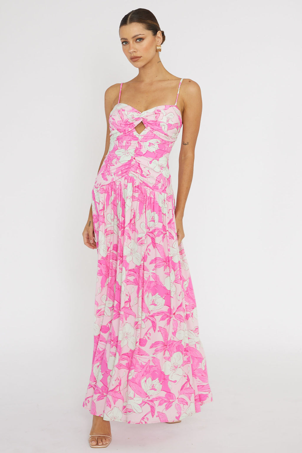 Amanie Ruched Waist Maxi Dress Pink by Selfie Leslie