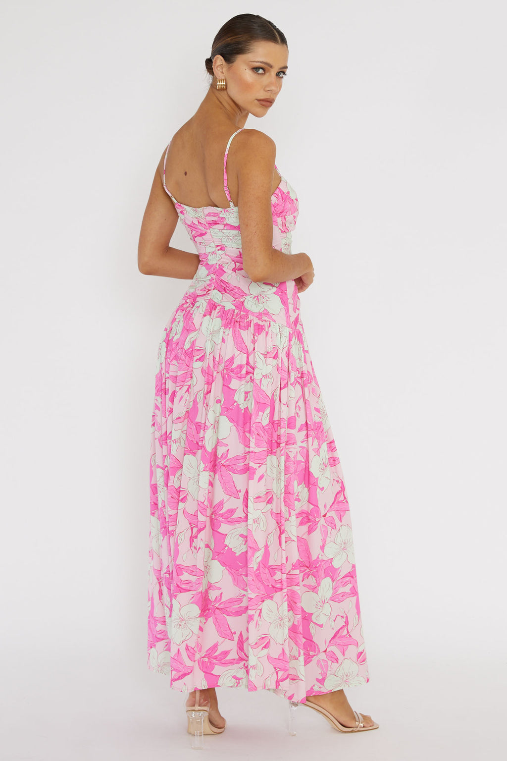 Amanie Ruched Waist Maxi Dress Pink by Selfie Leslie