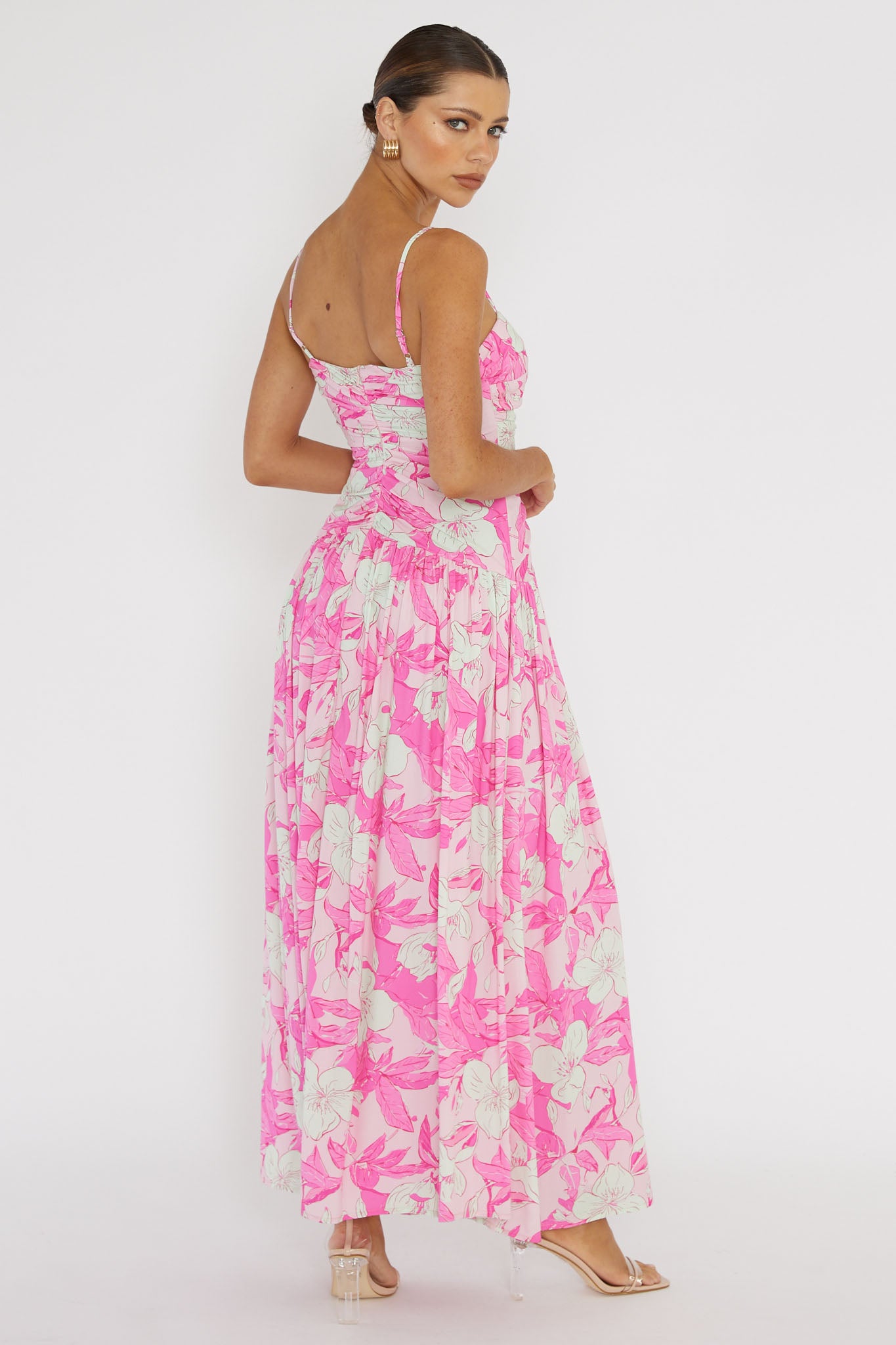 Amanie Ruched Waist Maxi Dress Pink by Selfie Leslie