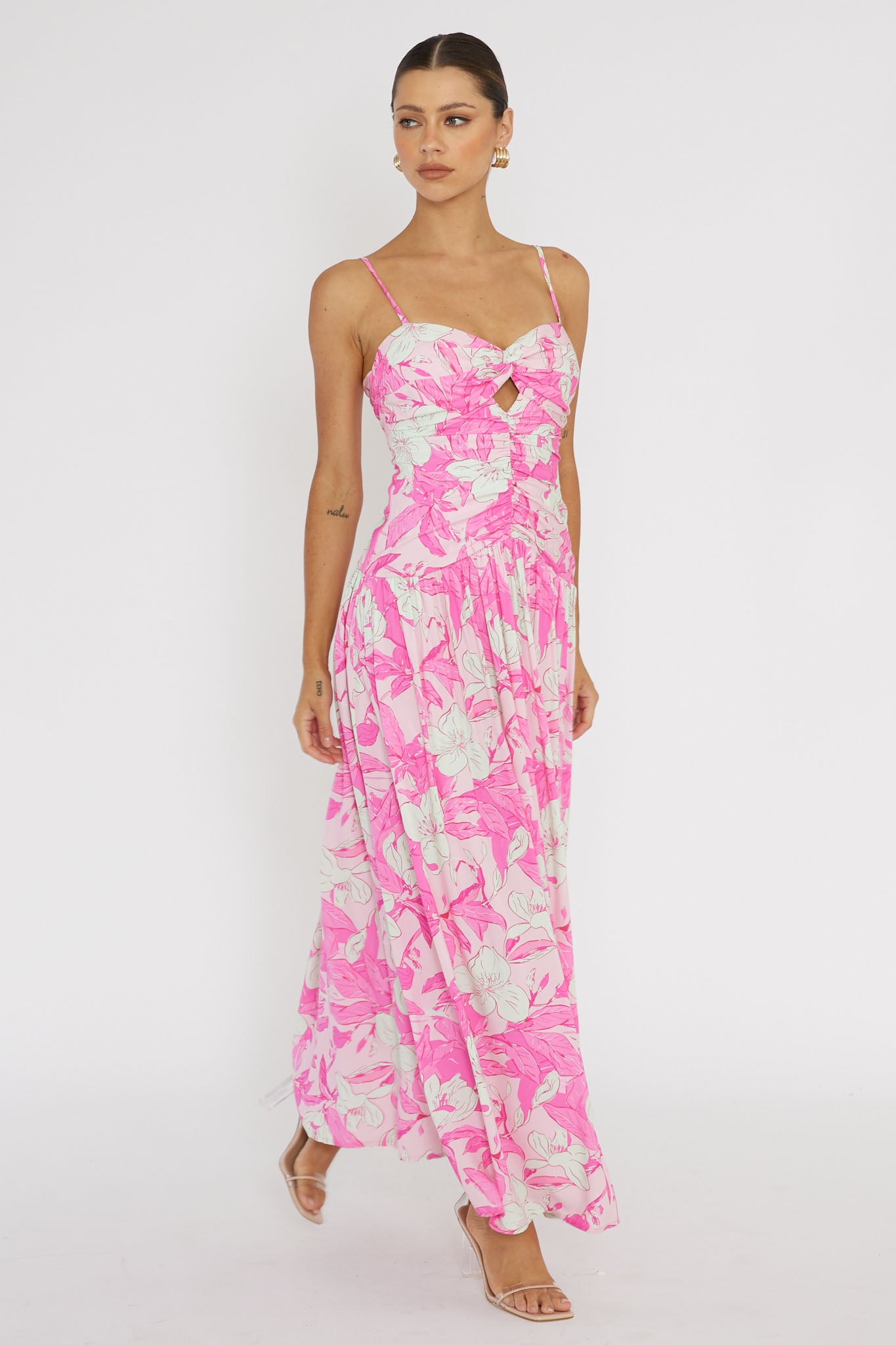 Amanie Ruched Waist Maxi Dress Pink by Selfie Leslie