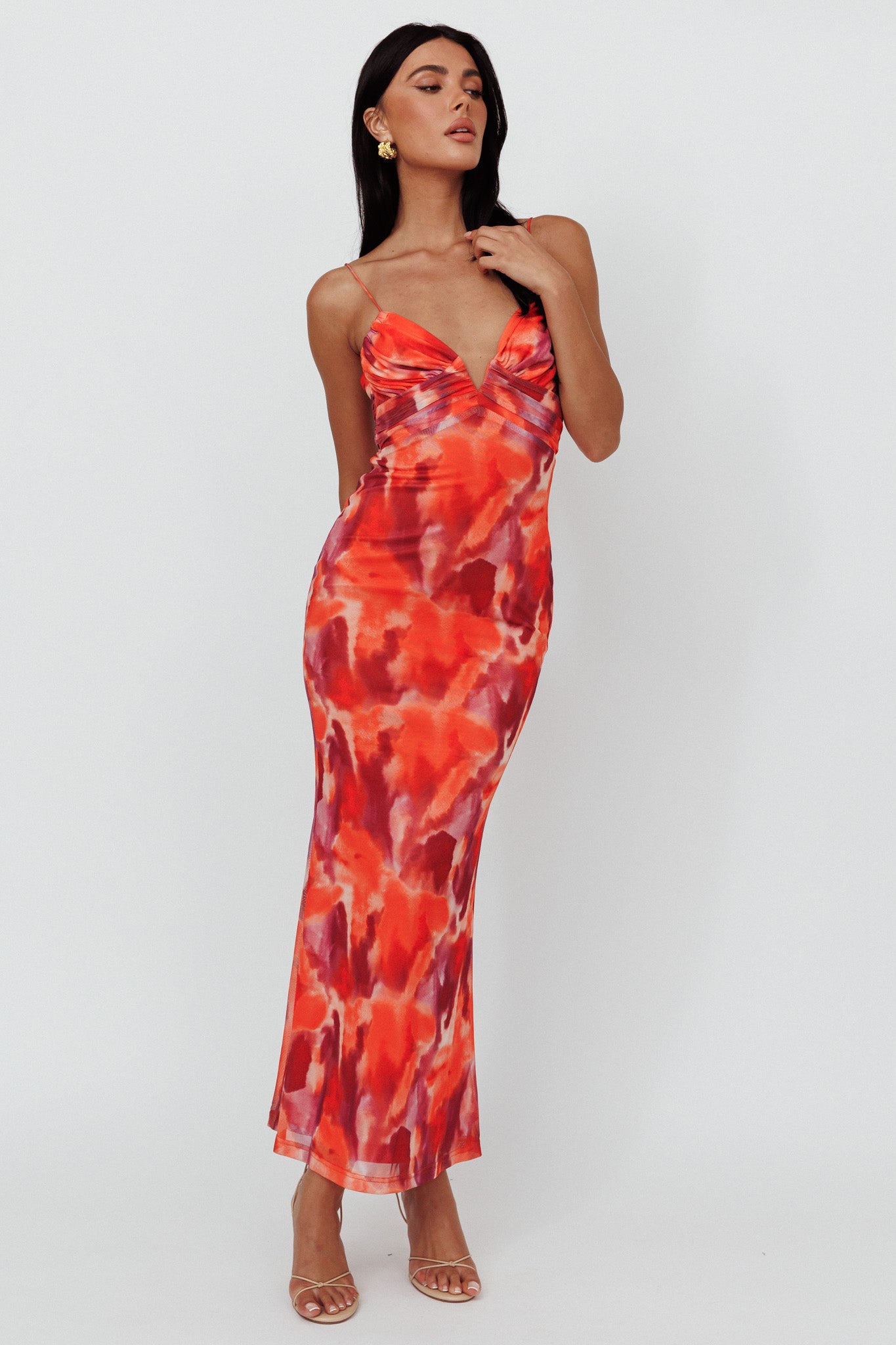 Marrakesh Gathered Bust Maxi Dress Print Orange by Selfie Leslie