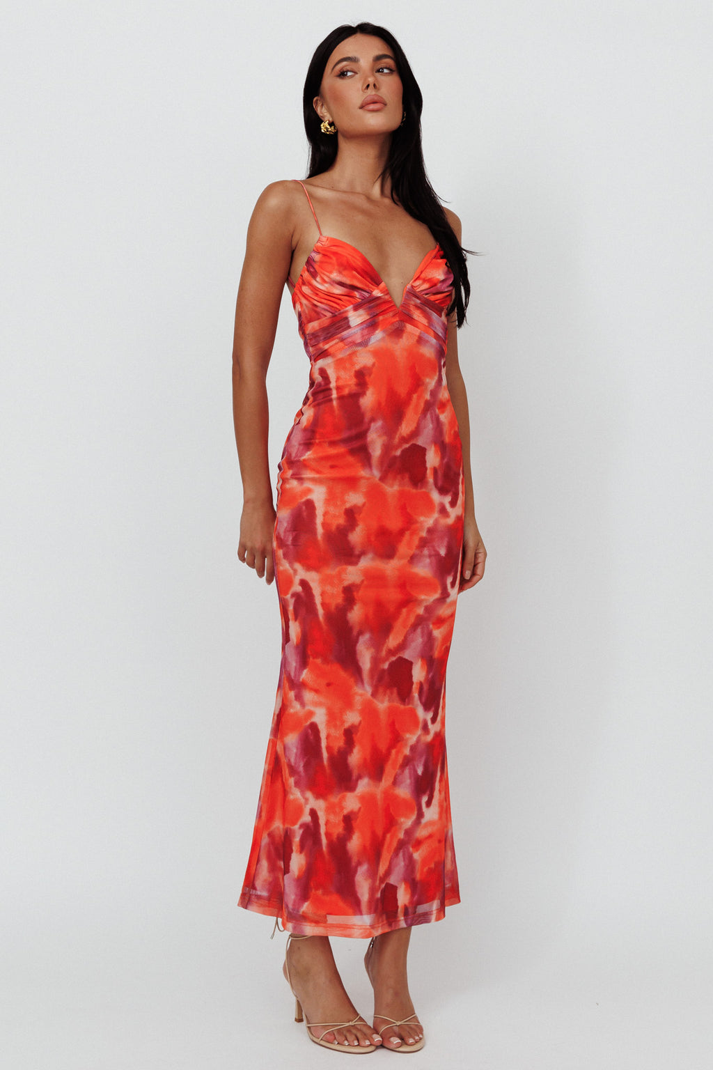 Marrakesh Gathered Bust Maxi Dress Print Orange by Selfie Leslie