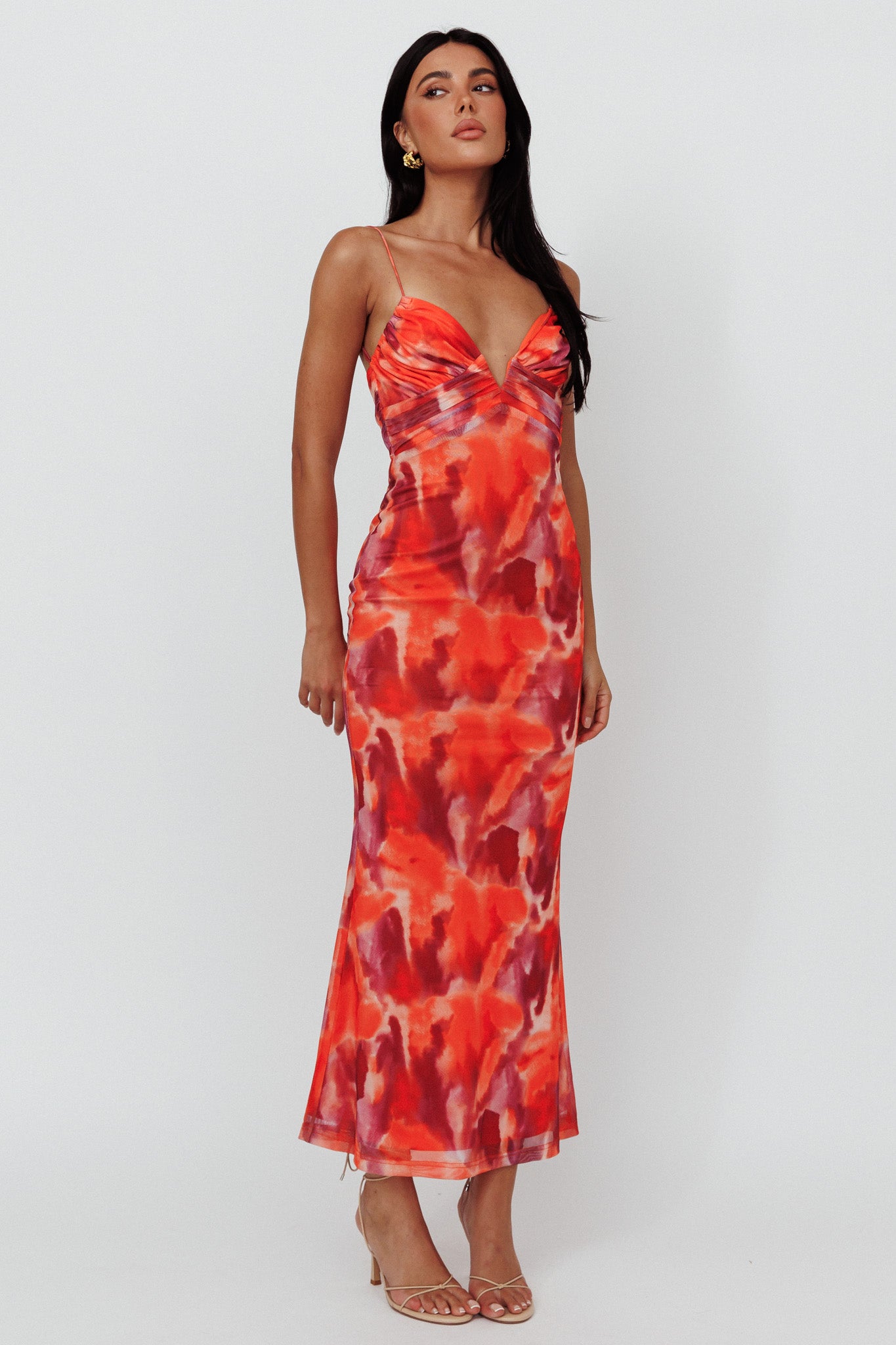 Marrakesh Gathered Bust Maxi Dress Print Orange by Selfie Leslie