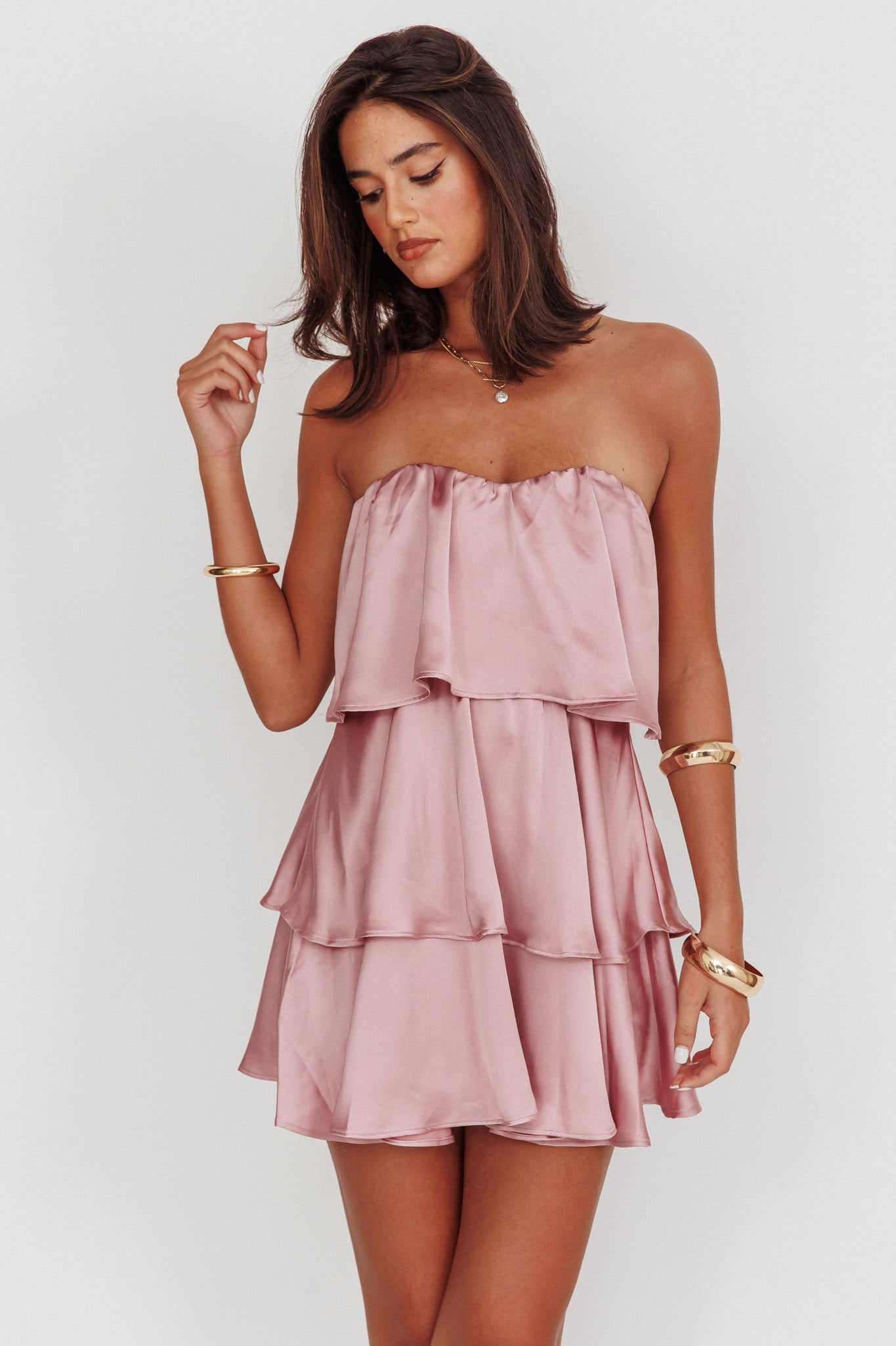 Behati Tiered Layer Strapless Dress Dusty Rose | Selfie Leslie