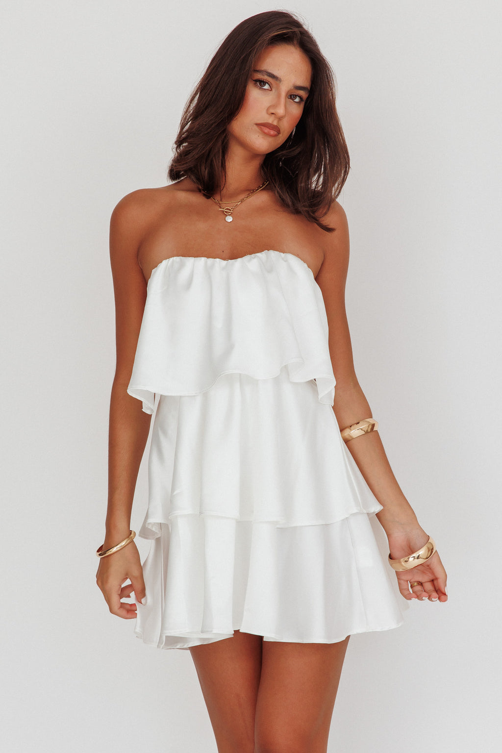 Behati Tiered Layer Strapless Dress White by Selfie Leslie