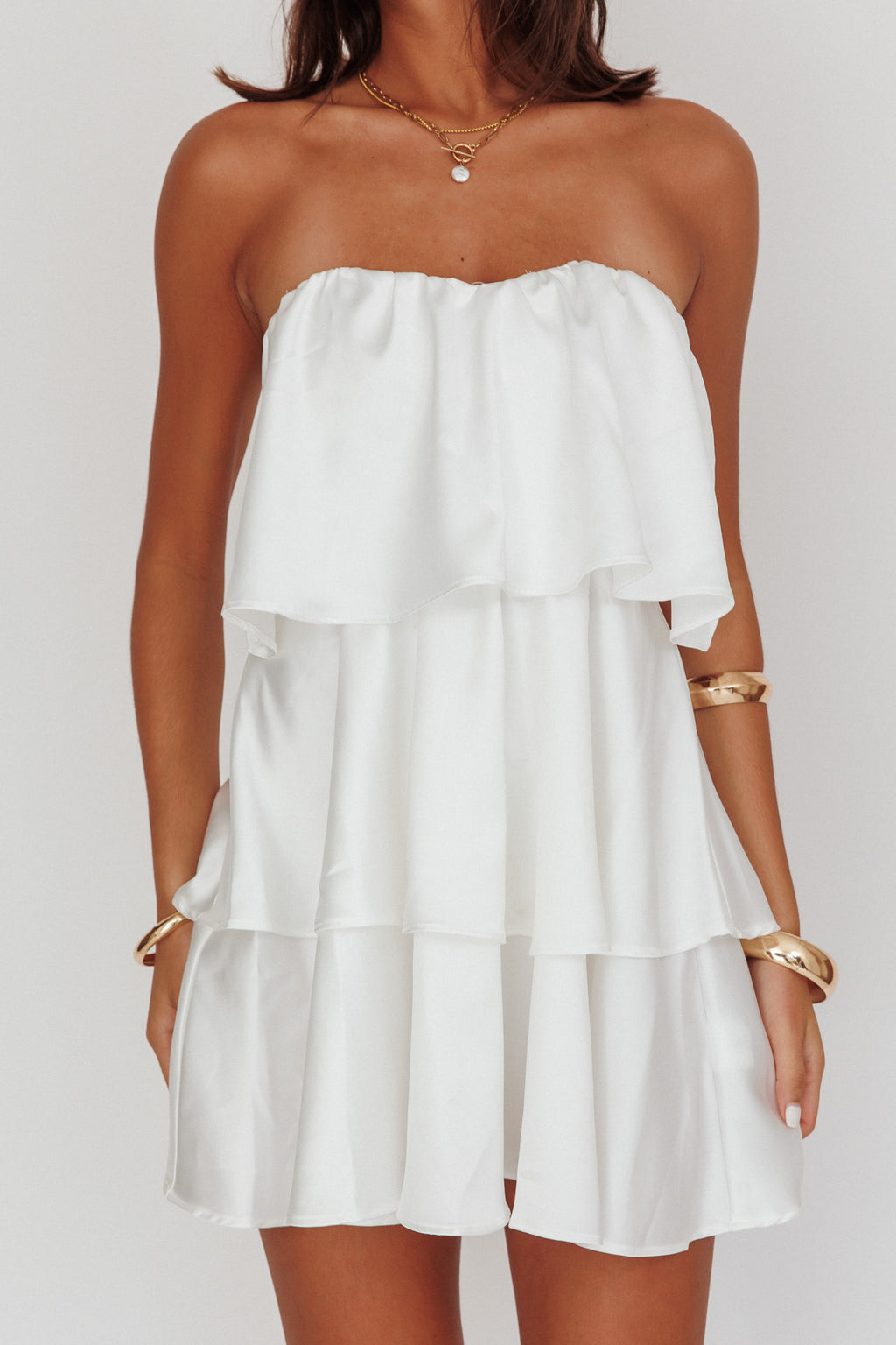 Behati Tiered Layer Strapless Dress White by Selfie Leslie