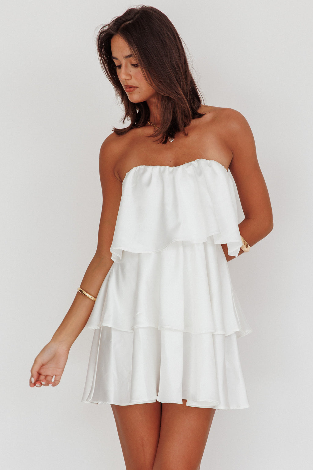 Behati Tiered Layer Strapless Dress White by Selfie Leslie