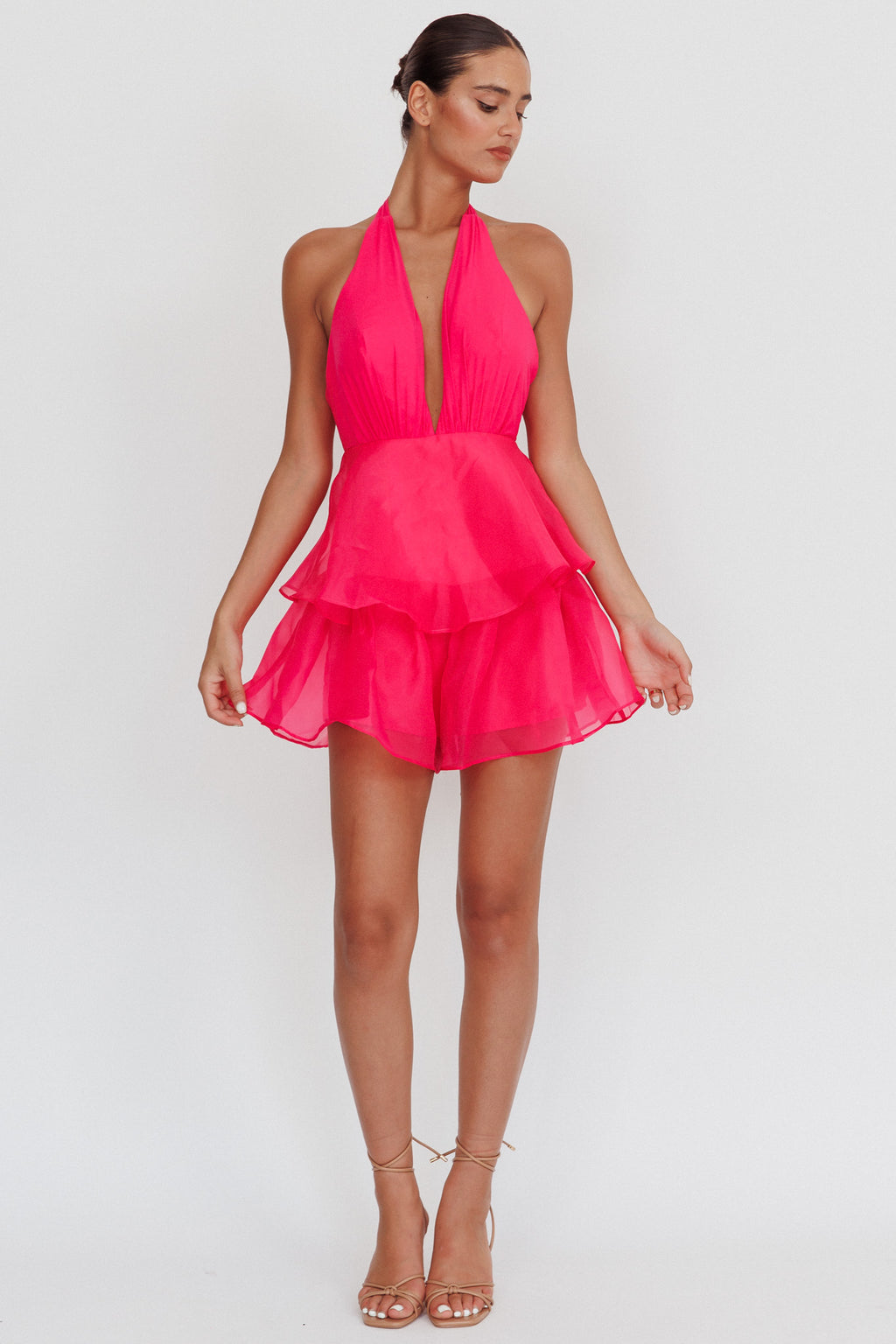 Behati Tiered Ruffles Halter Neck Romper Rose by Selfie Leslie