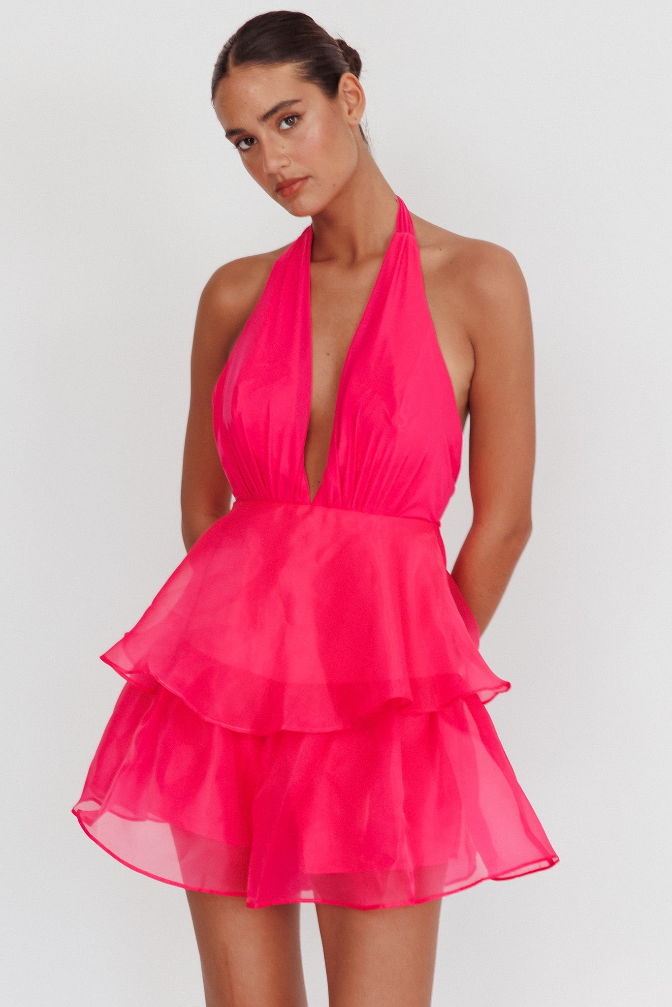 Behati Tiered Ruffles Halter Neck Romper Rose by Selfie Leslie