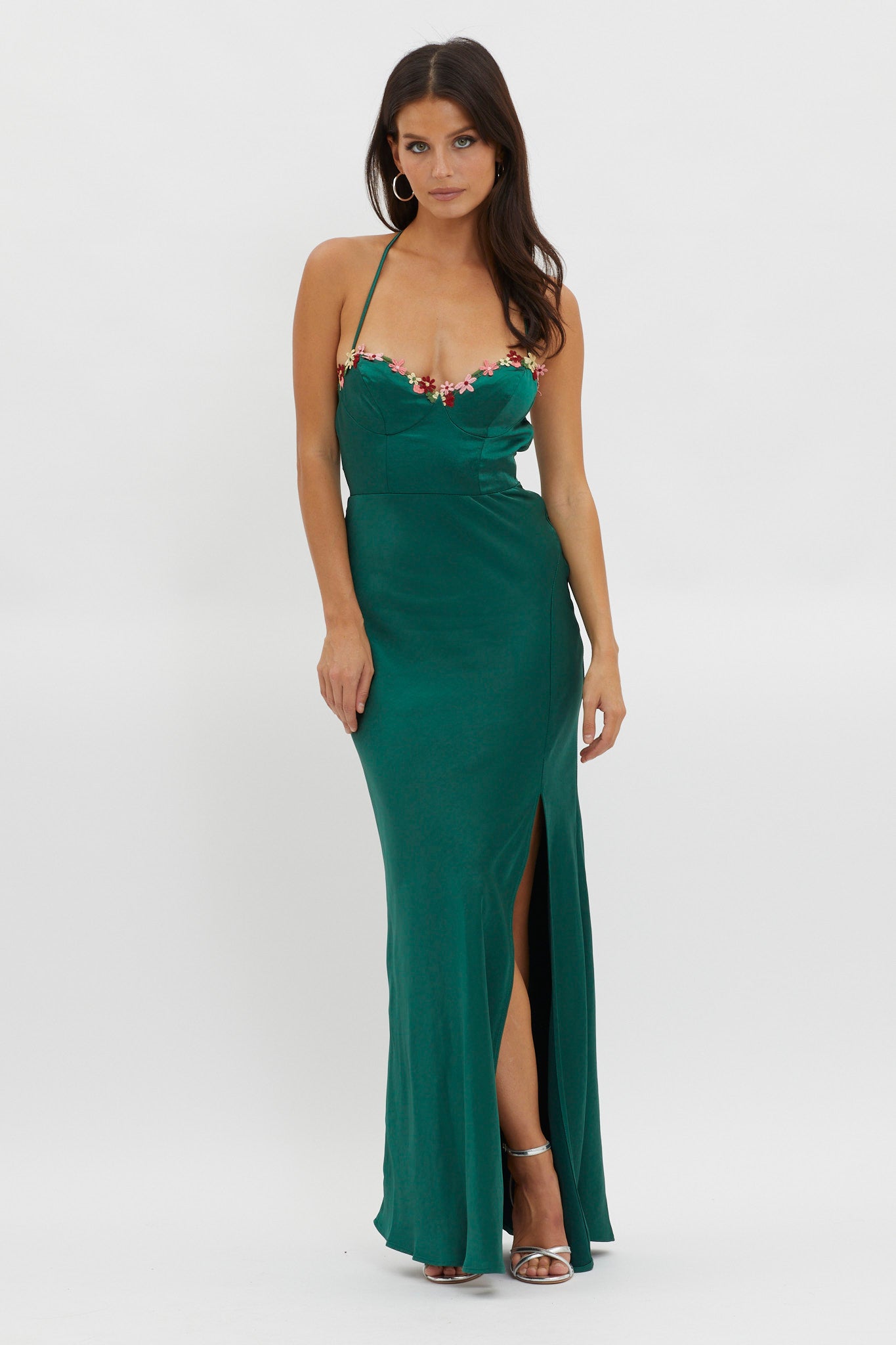 Bonsoir Floral Embroidery Trim Maxi Dress Forest Green by Selfie Leslie