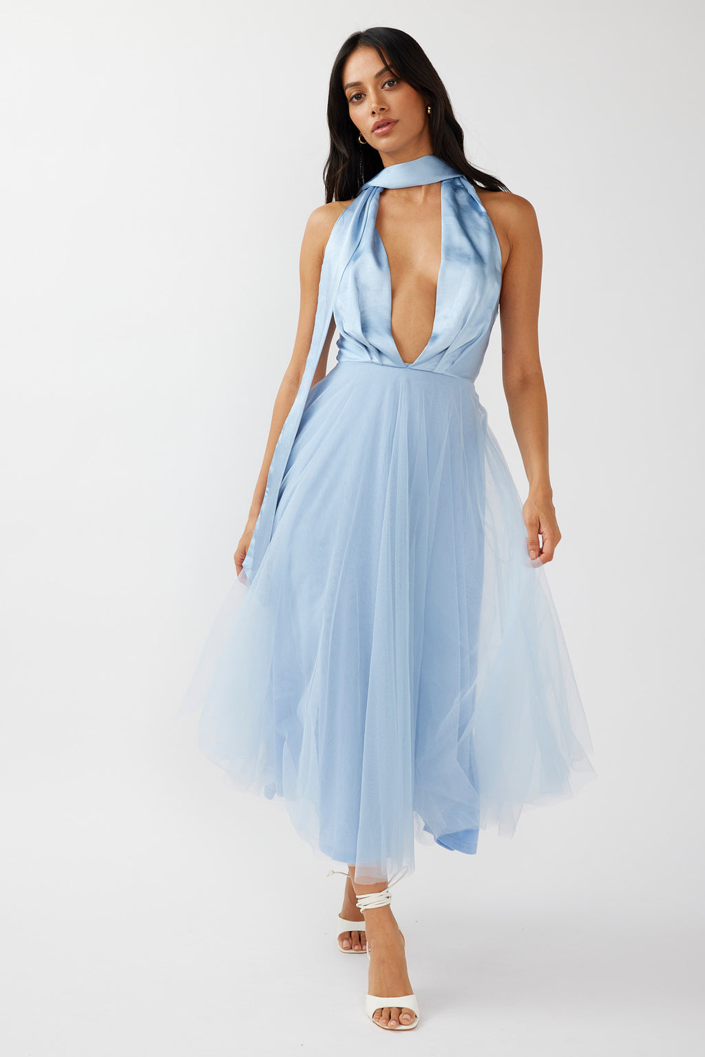 Darci Plunging Neckline Tulle Midi Dress Blue by Selfie Leslie