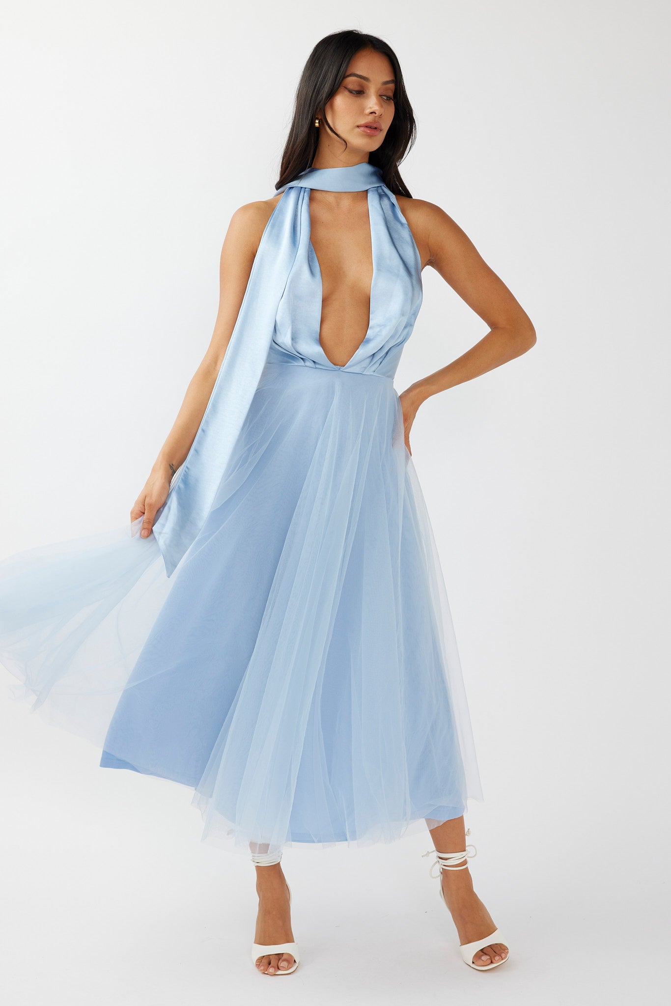 Darci Plunging Neckline Tulle Midi Dress Blue by Selfie Leslie