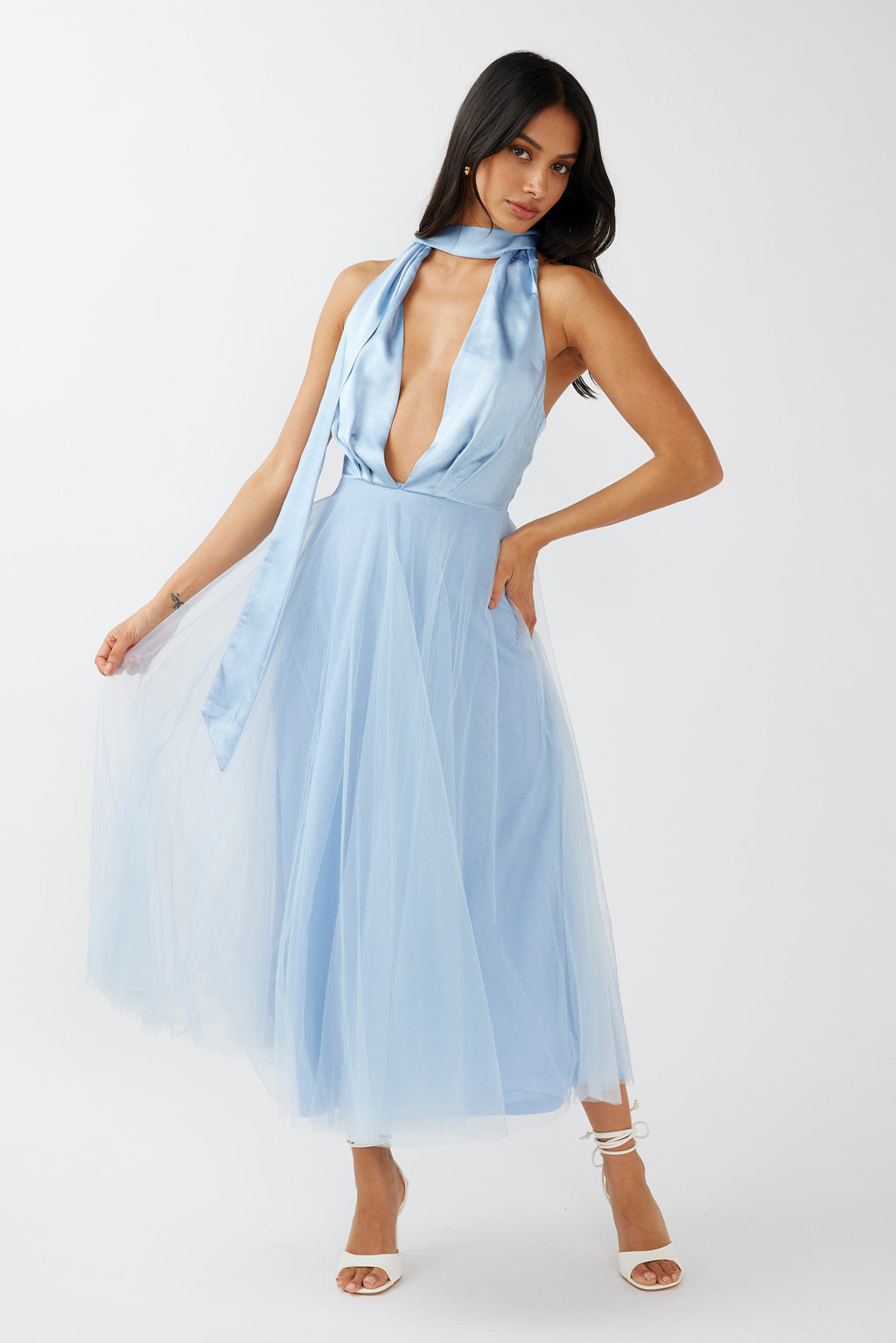 Darci Plunging Neckline Tulle Midi Dress Blue by Selfie Leslie