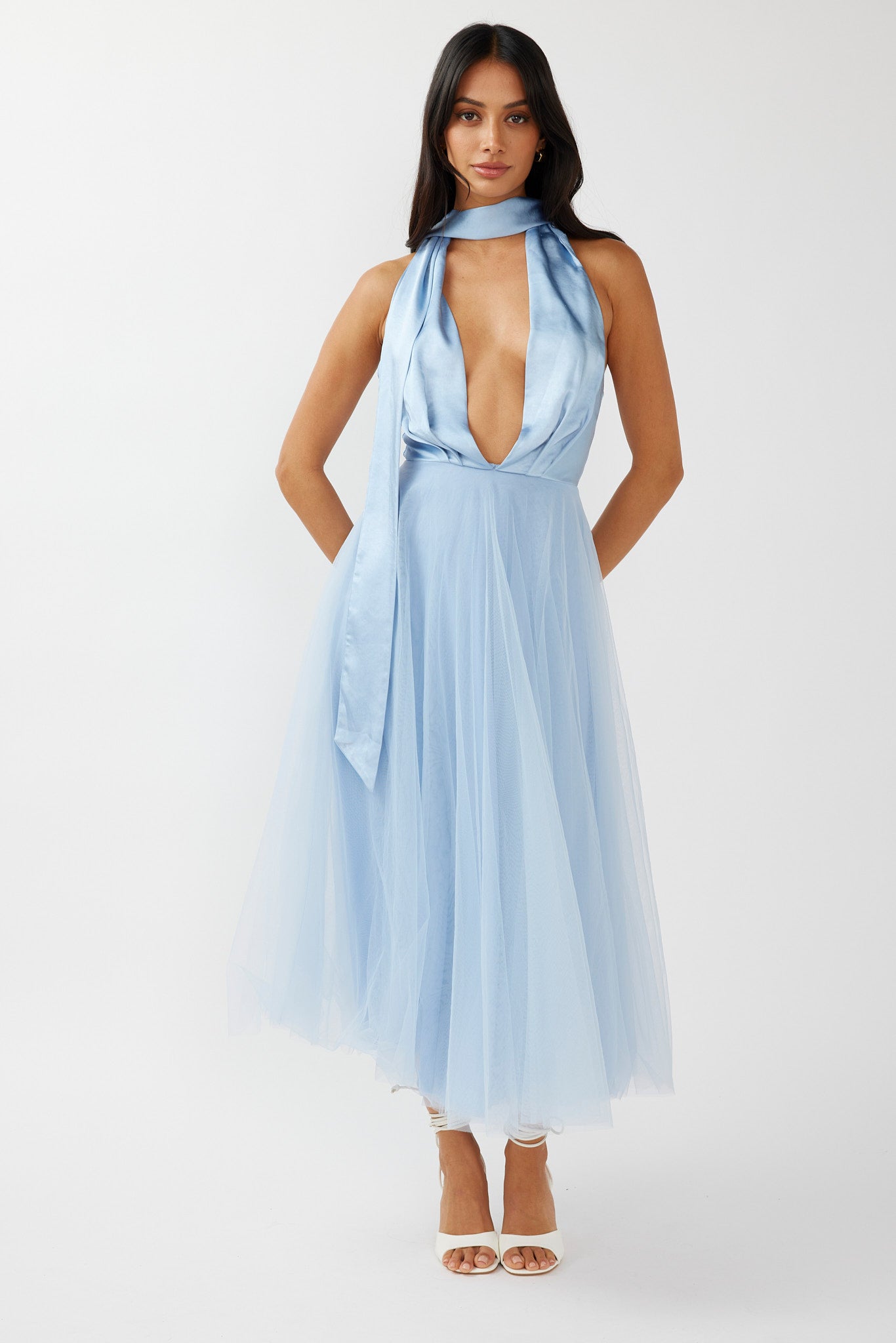 Darci Plunging Neckline Tulle Midi Dress Blue by Selfie Leslie