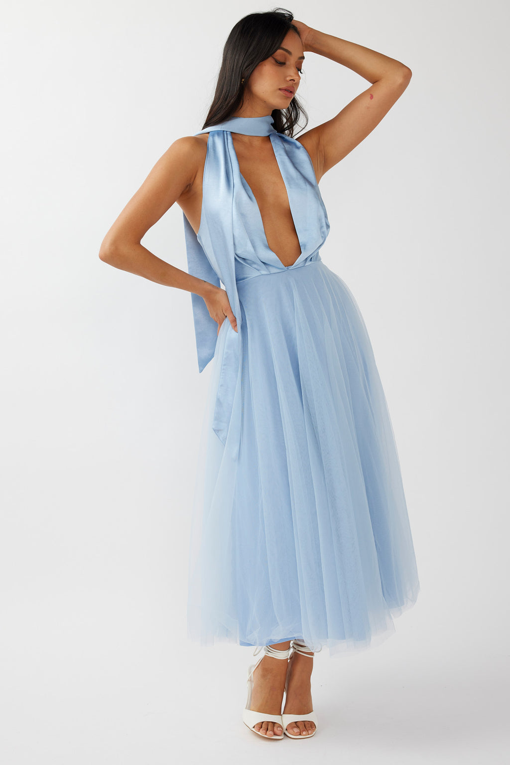 Darci Plunging Neckline Tulle Midi Dress Blue by Selfie Leslie