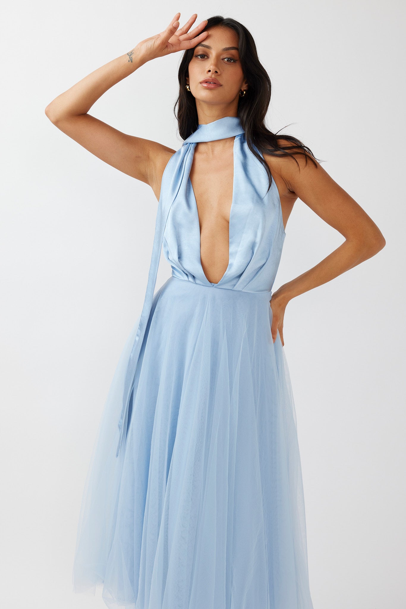 Darci Plunging Neckline Tulle Midi Dress Blue by Selfie Leslie