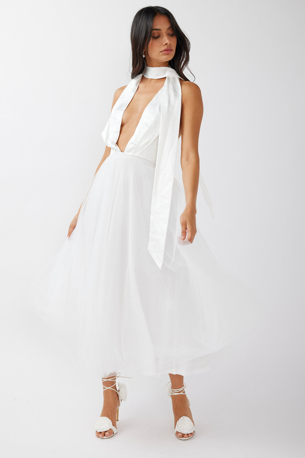 Darci Plunging Neckline Tulle Midi Dress White by Selfie Leslie