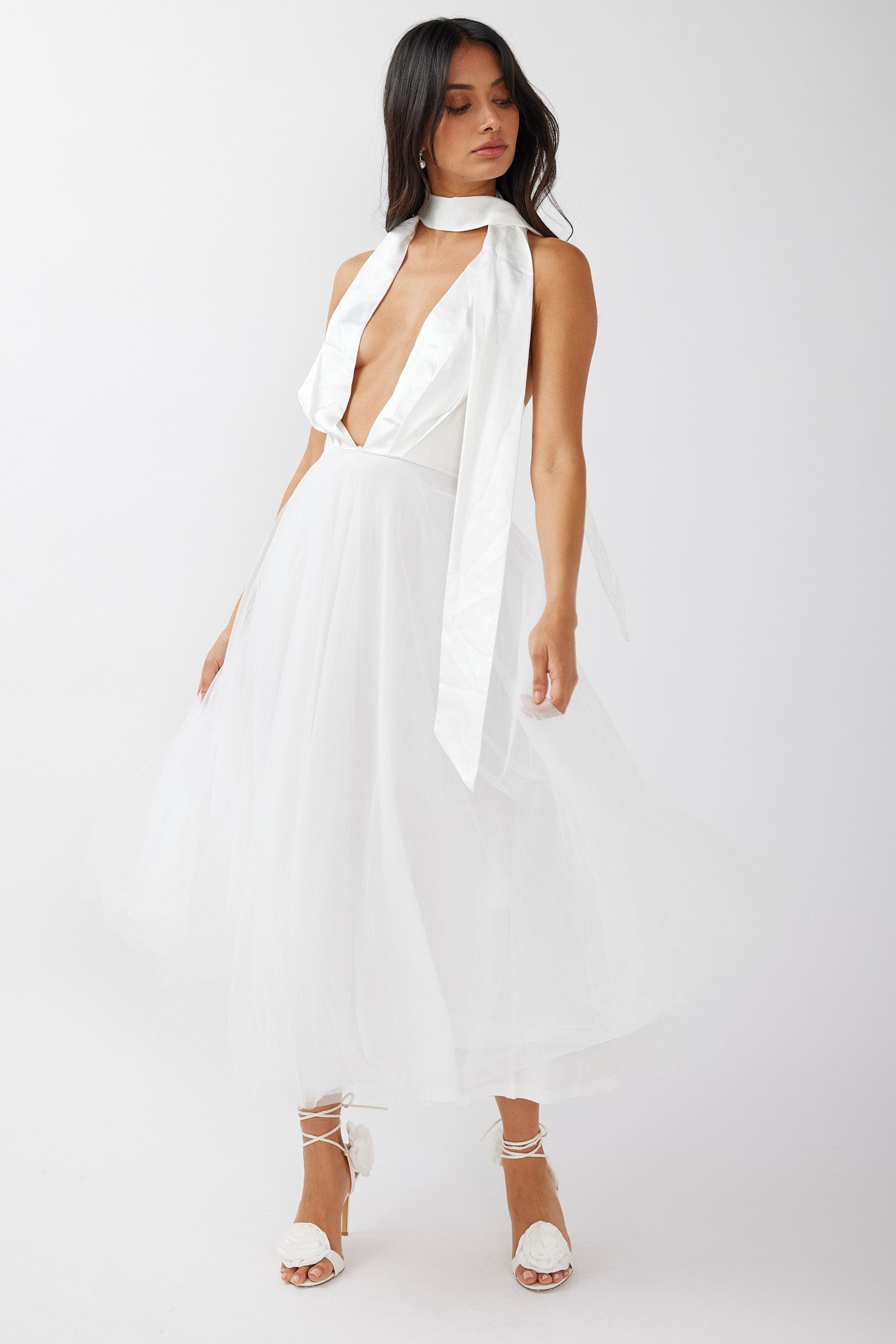 Darci Plunging Neckline Tulle Midi Dress White by Selfie Leslie