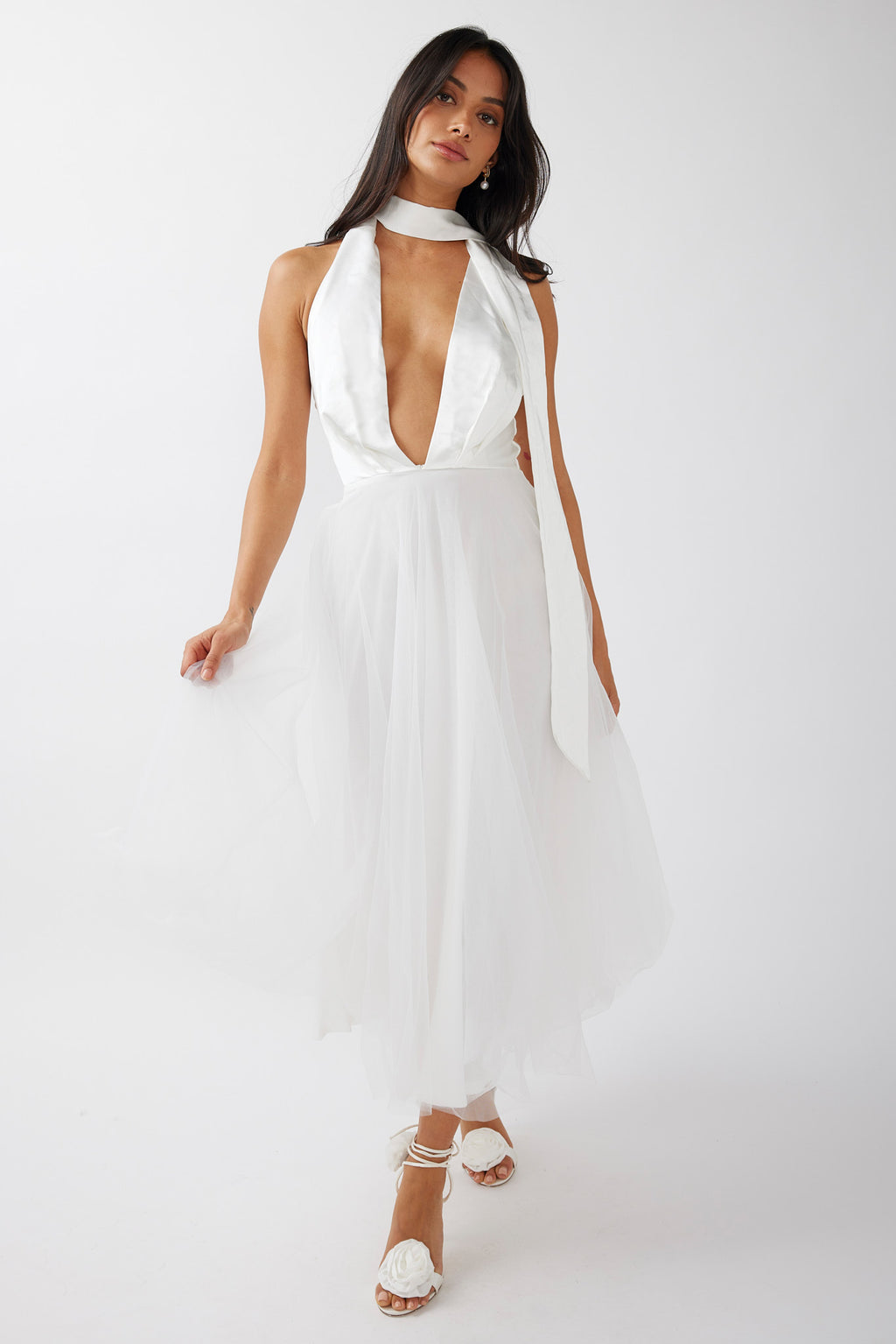 Darci Plunging Neckline Tulle Midi Dress White by Selfie Leslie