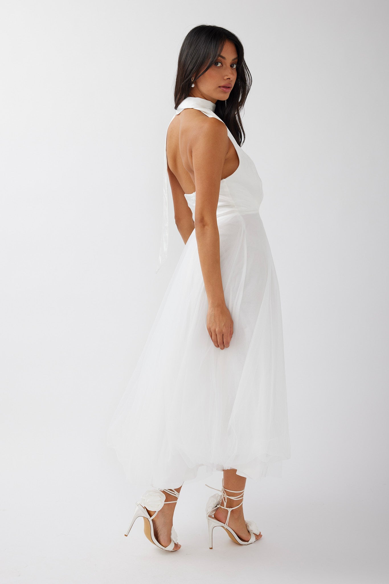 Darci Plunging Neckline Tulle Midi Dress White by Selfie Leslie