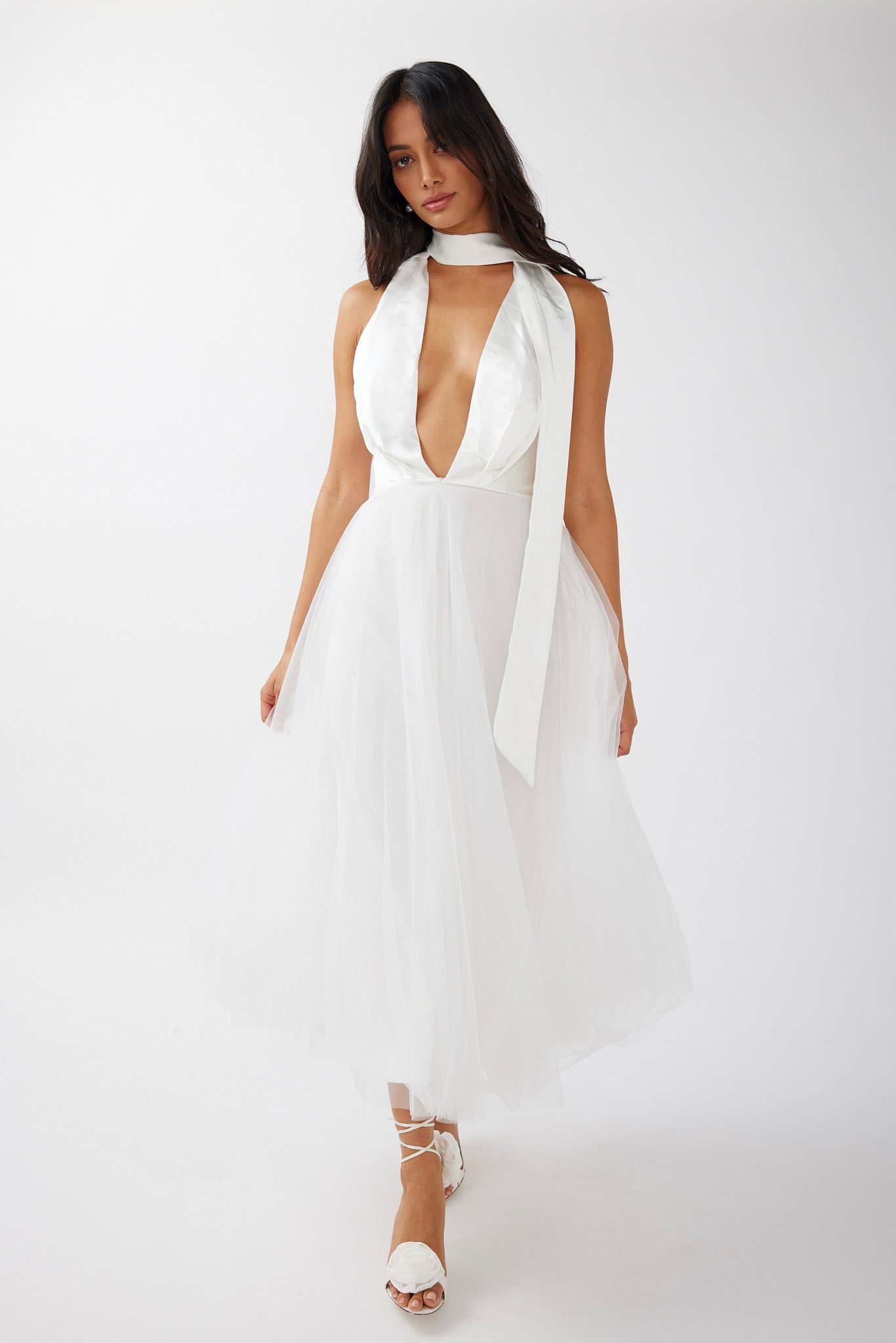 Darci Plunging Neckline Tulle Midi Dress White by Selfie Leslie