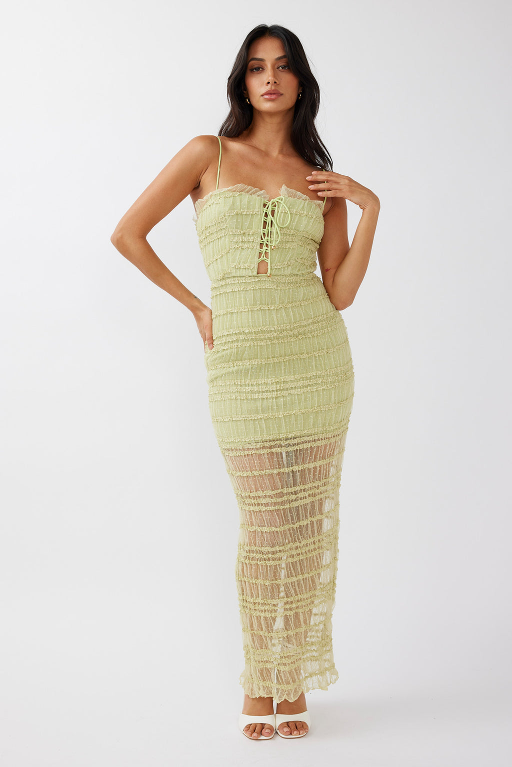 Wander & Roam Frill Trim Lace Dress Matcha by Selfie Leslie