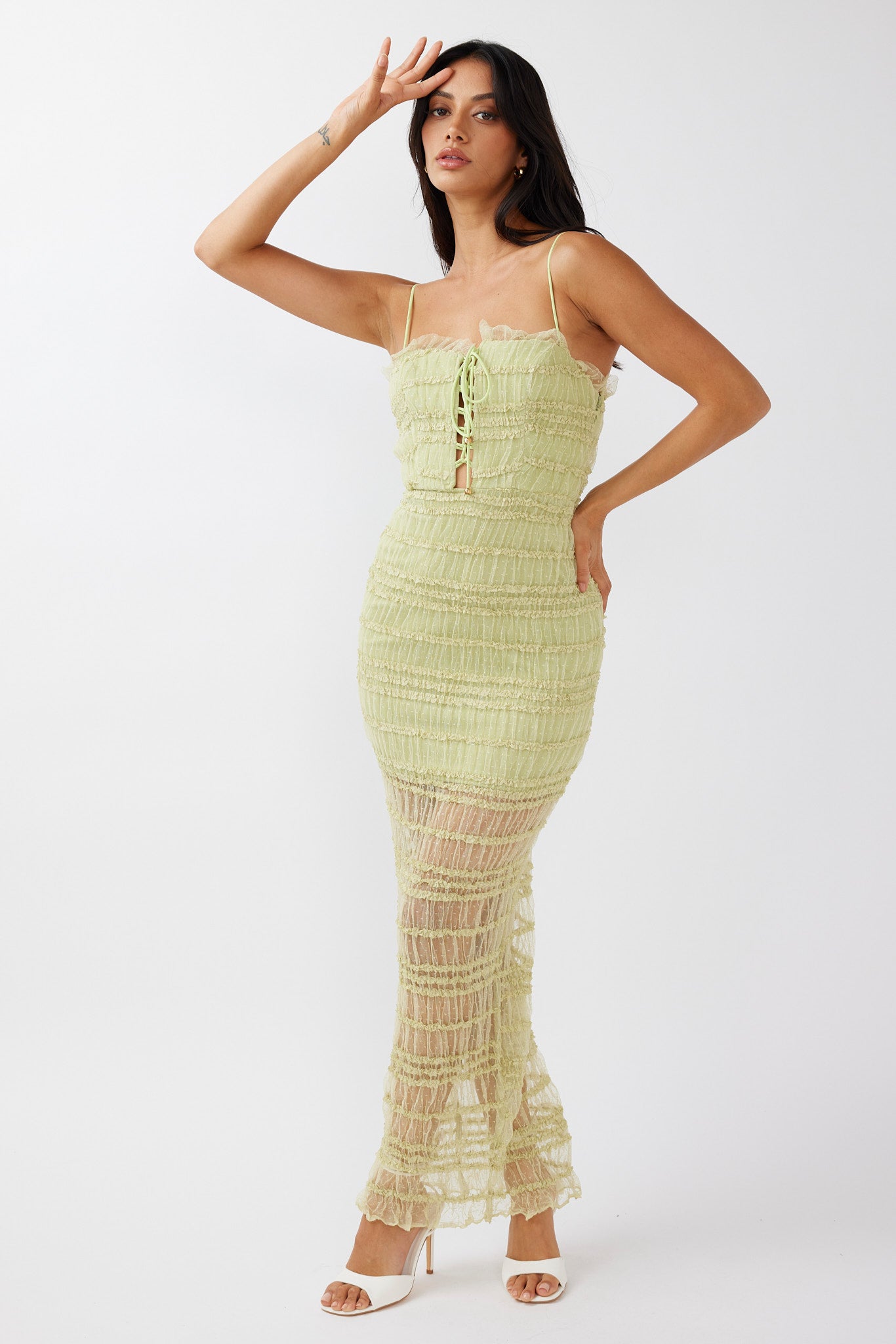 Wander & Roam Frill Trim Lace Dress Matcha by Selfie Leslie